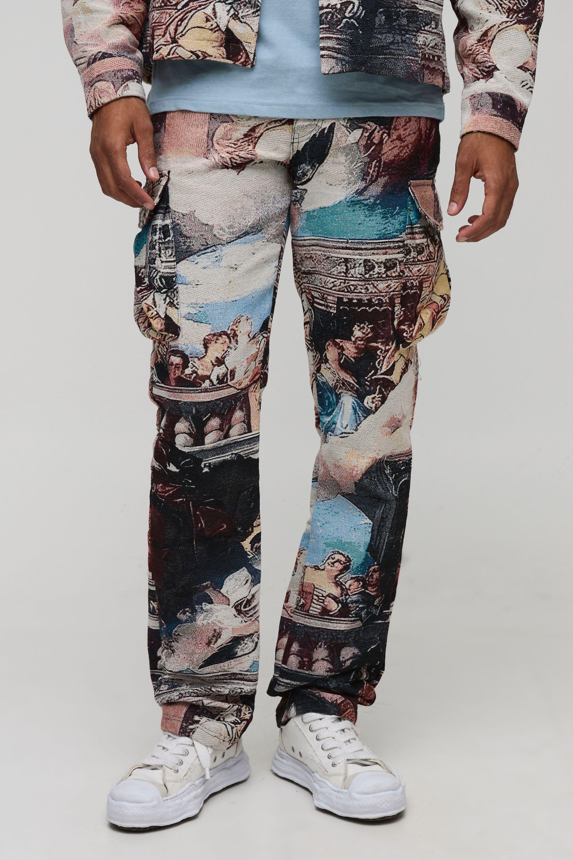 Renaissance Tapestry Stacked Straight Fit Cargo Trousers by BOOHOOMAN