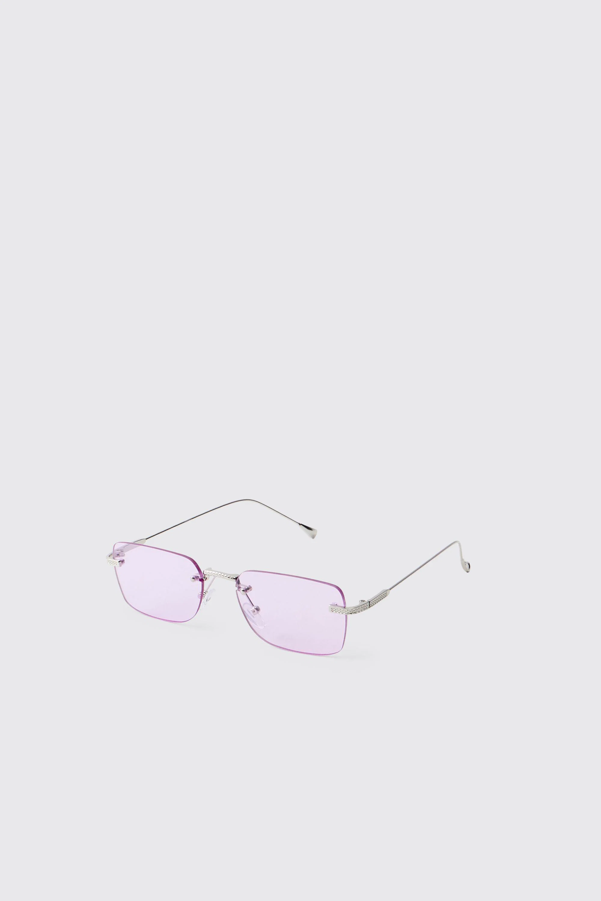 Rimless Square Sunglasses with Purple Lenses by BOOHOOMAN