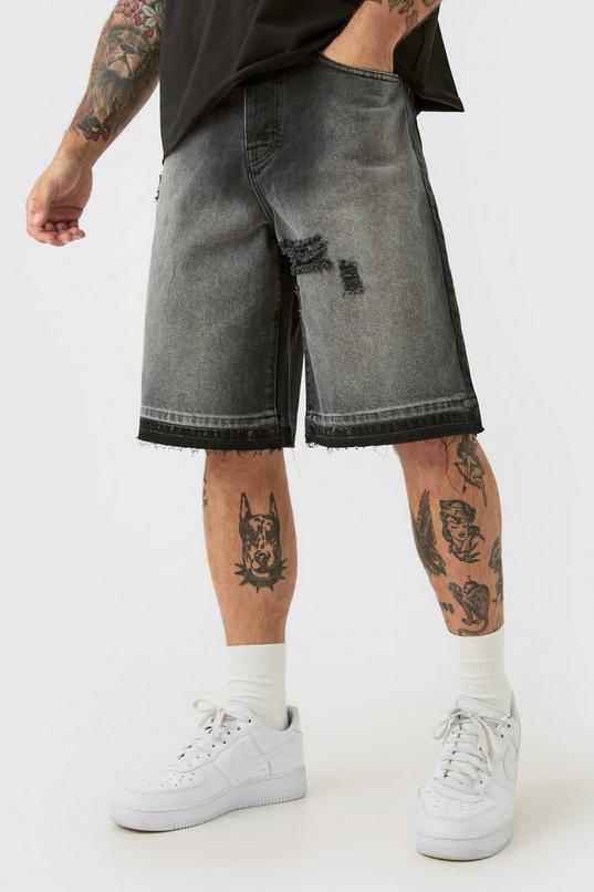 Ripped Denim Jorts In Washed Black by BOOHOOMAN