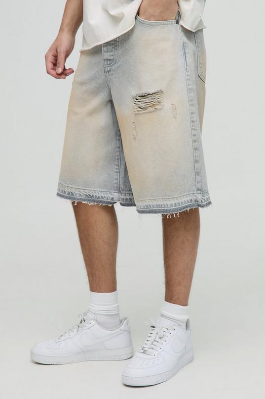 Ripped Denim Jorts In Washed Ice Grey by BOOHOOMAN