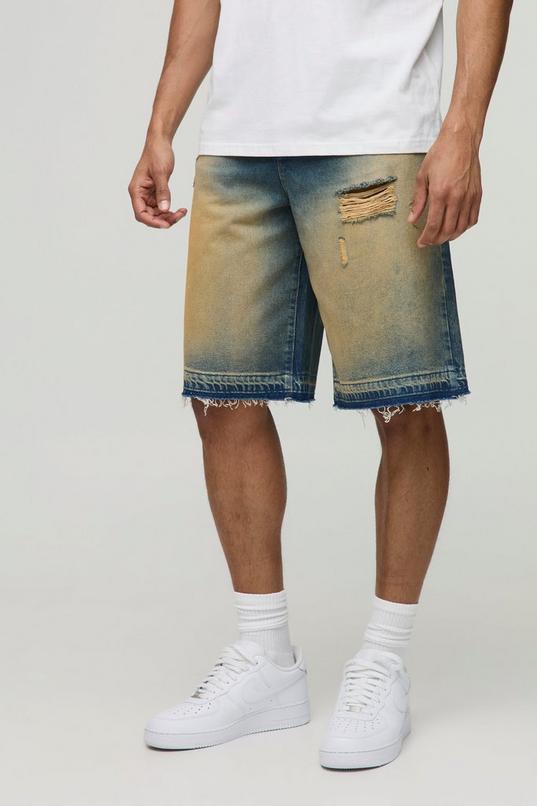 Ripped Denim Jorts In Washed Light Blue by BOOHOOMAN