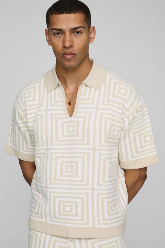 Short Sleeve Boxy Fit Revere Crochet Polo by BOOHOOMAN