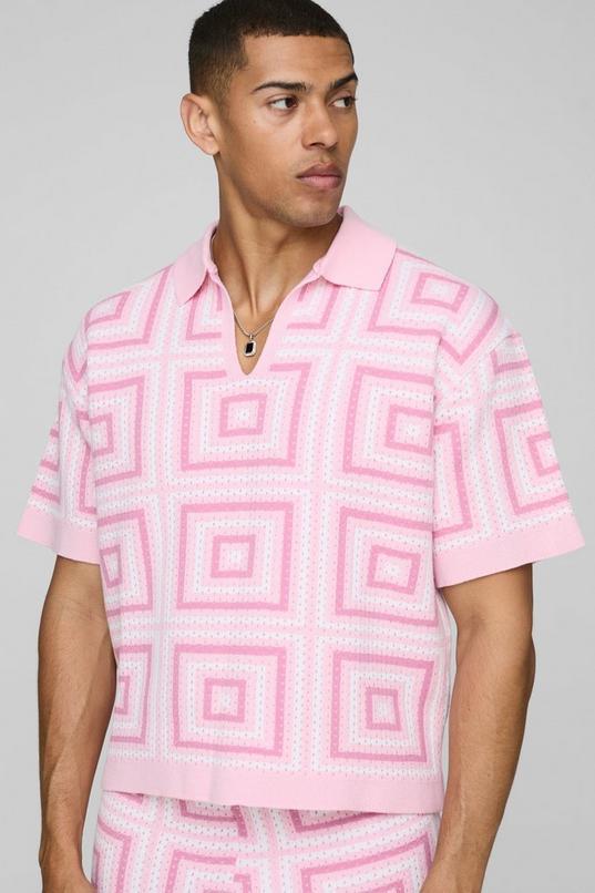 Short Sleeve Boxy Fit Revere Crochet Polo by BOOHOOMAN