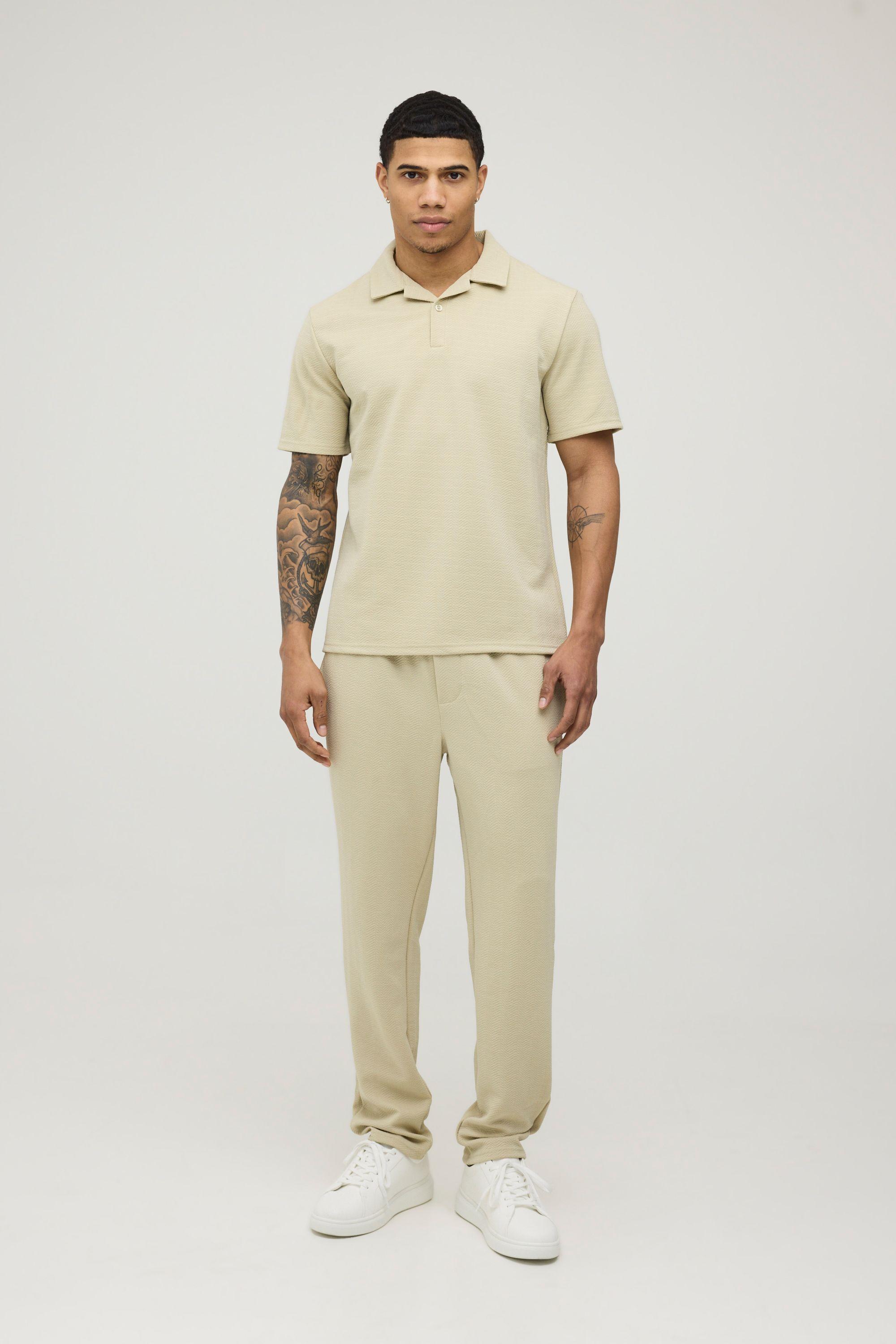 Short Sleeve Jersey Herringbone Shirt & Trouser Set by BOOHOOMAN