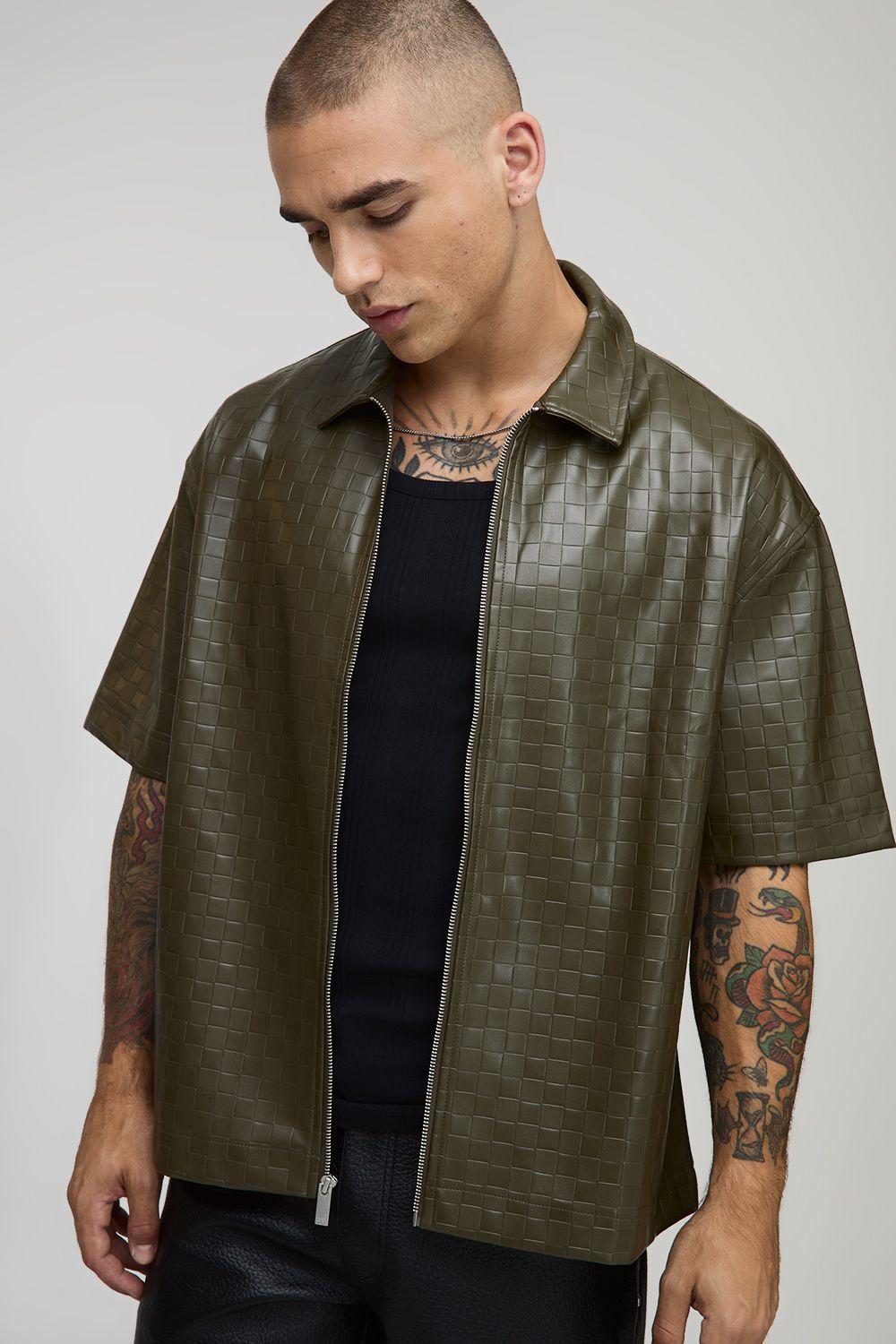 Short Sleeve PU Woven Boxy Zip Up Overshirt by BOOHOOMAN