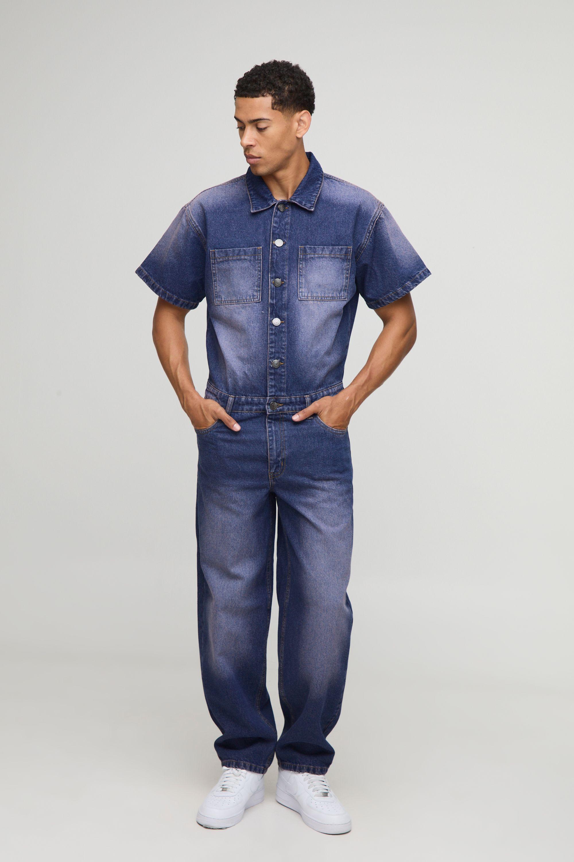 Short Sleeve Relaxed Tinted Denim Boilersuit by BOOHOOMAN
