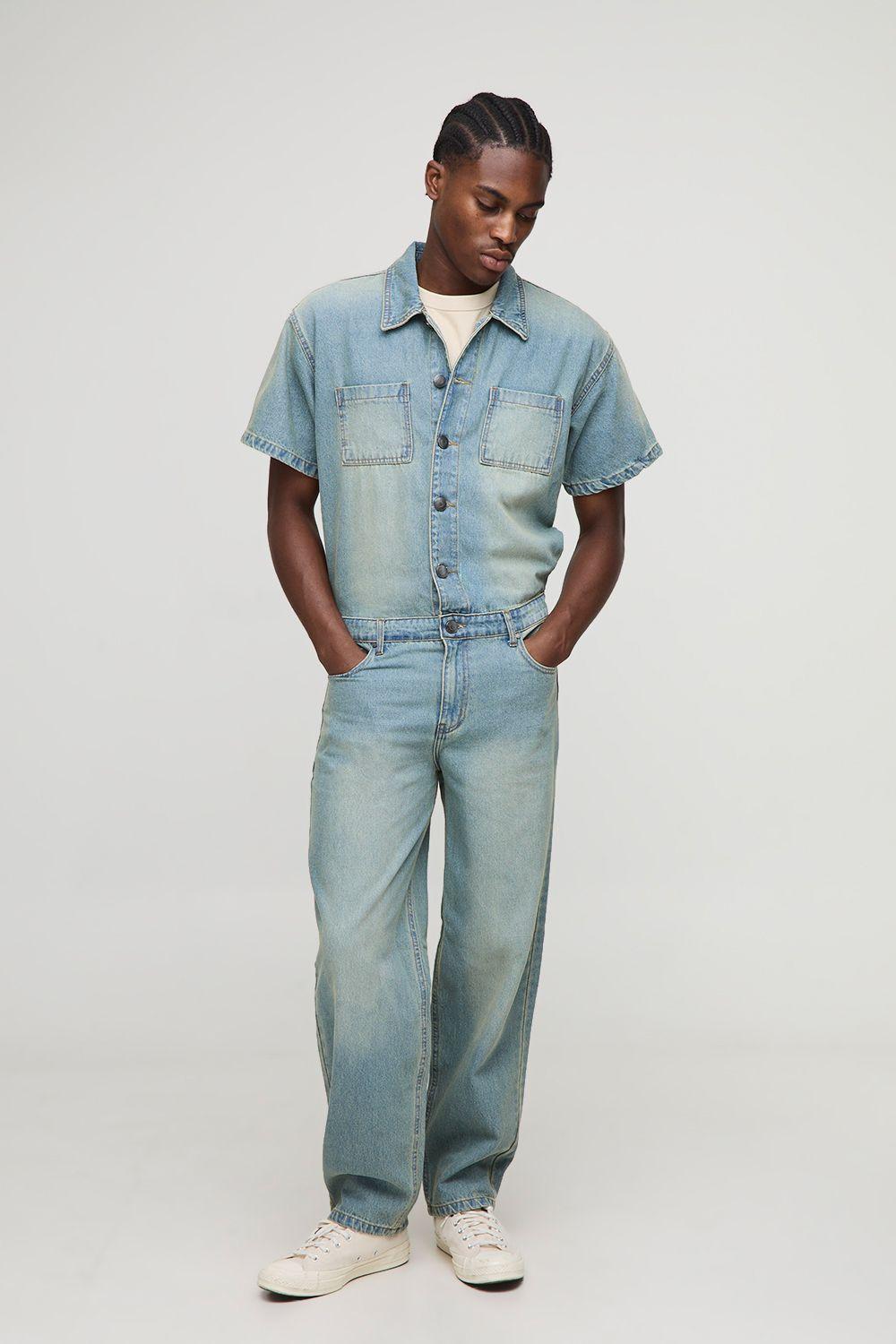 Short Sleeve Relaxed Washed Denim Boilersuit by BOOHOOMAN
