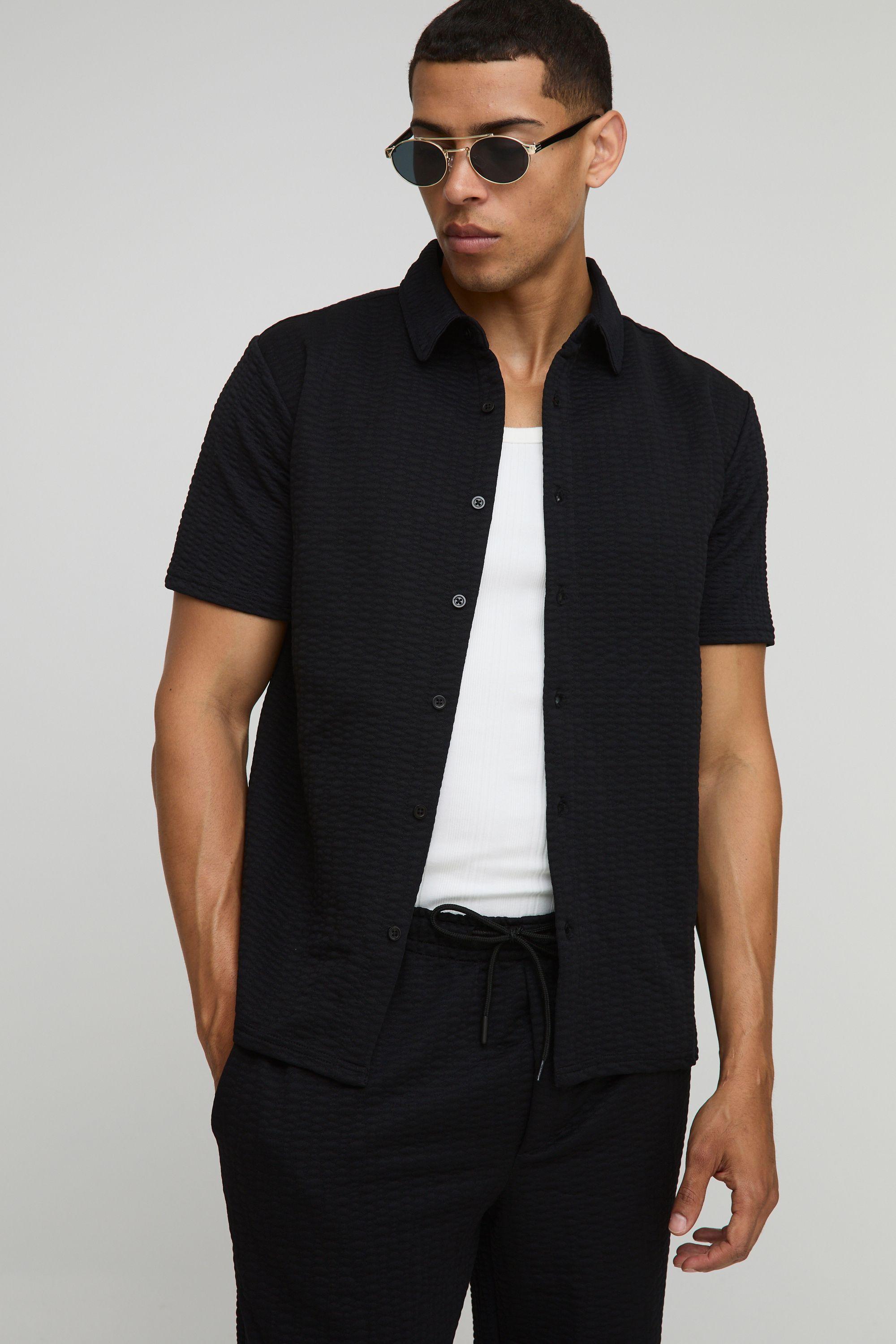 Short Sleeve Textured Stretch Shirt And Trousers Set by BOOHOOMAN