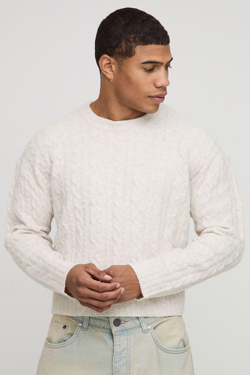 Shrunken Boxy Extended Neck Cable Knitted Jumper by BOOHOOMAN
