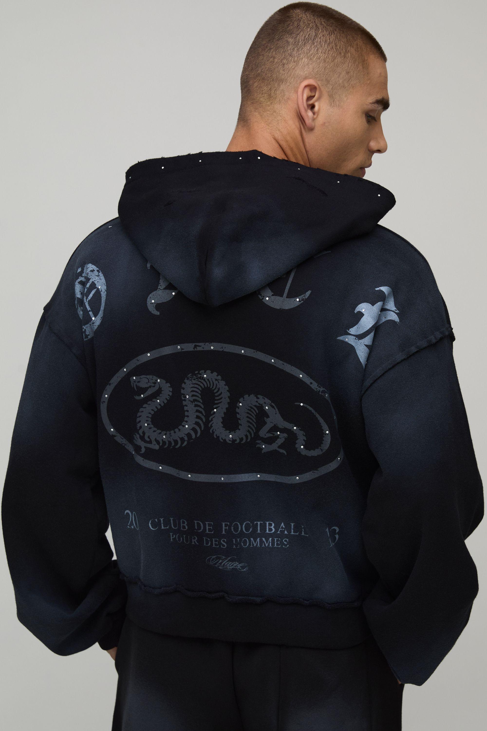 Shrunken Boxy Washed Distressed Rhinestone Hoodie by BOOHOOMAN