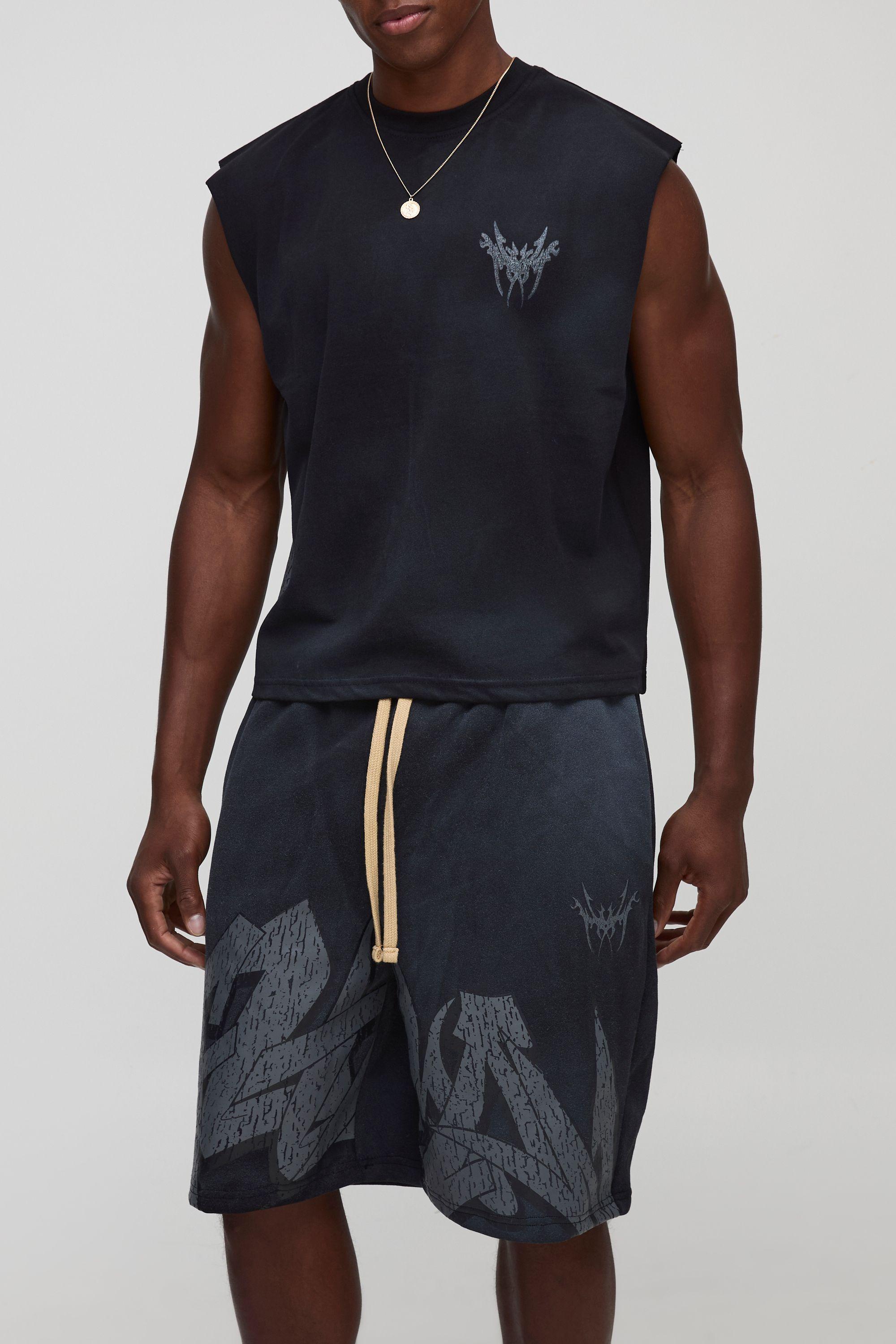 Shrunken Boxy Washed Graffiti Tank & Relaxed Shorts Set by BOOHOOMAN