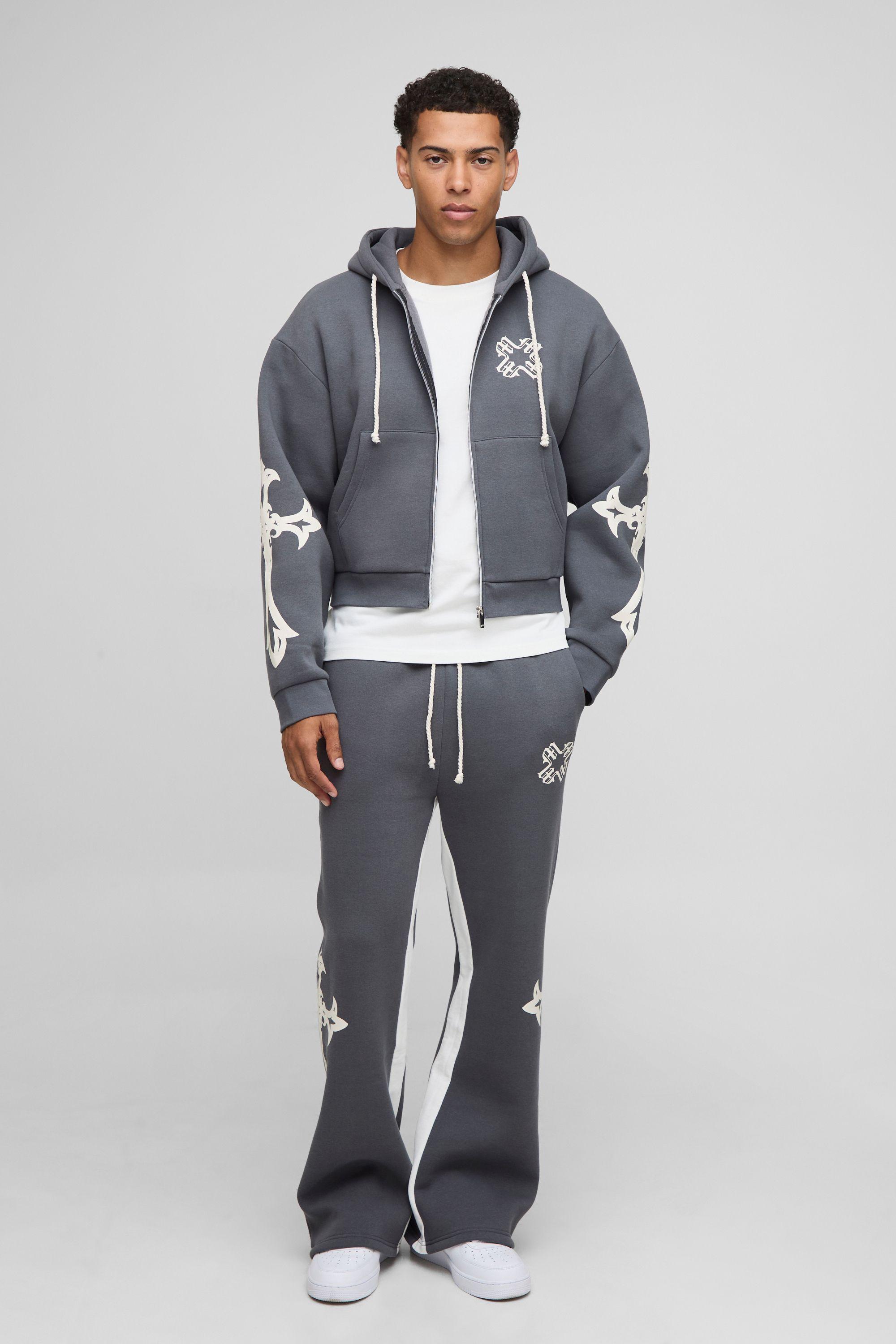 Shrunken Cross Hooded Zip Flare Gusset Tracksuit by BOOHOOMAN