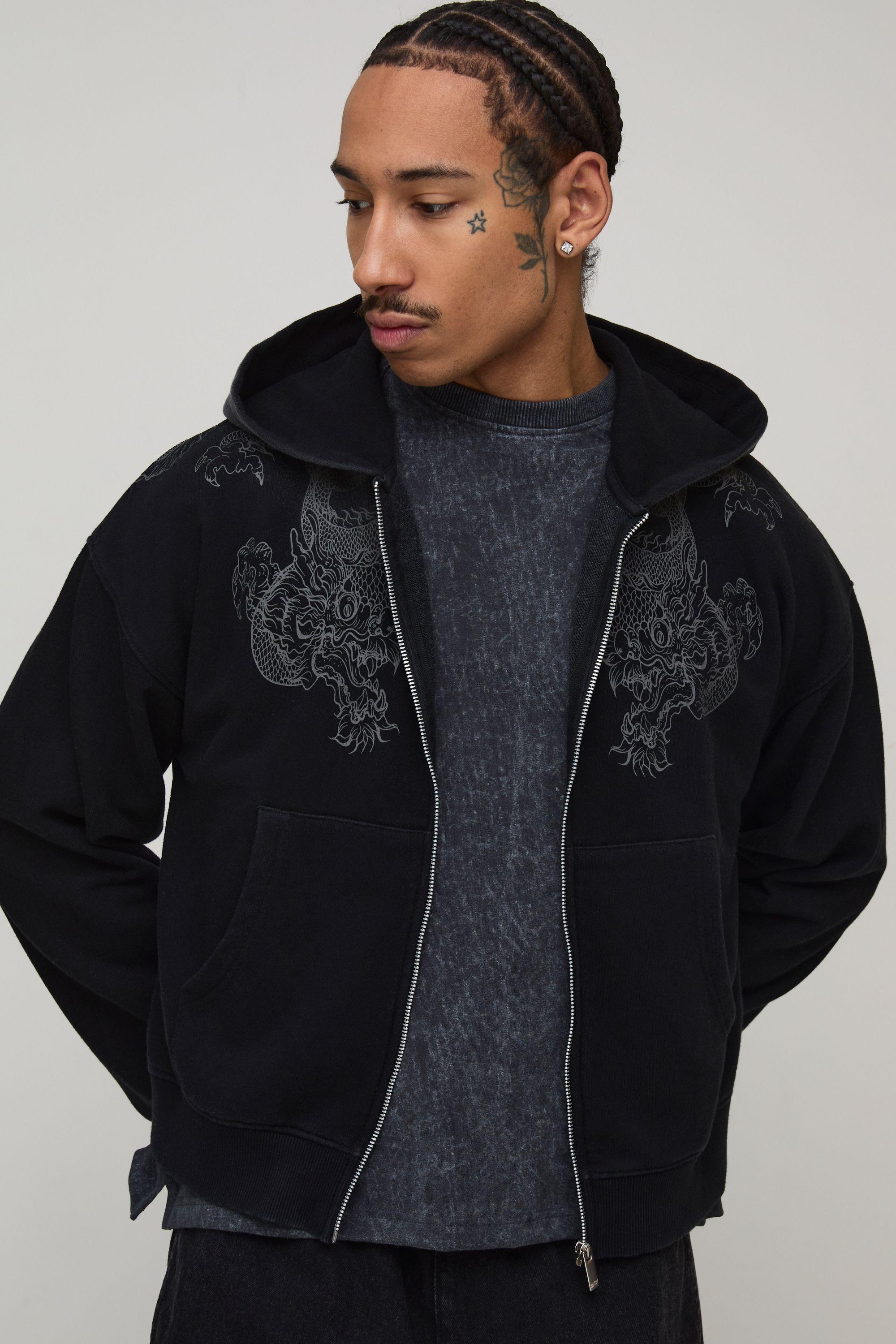 Shrunken Fit Dragon Graphic Washed Zip Through Hoodie by BOOHOOMAN