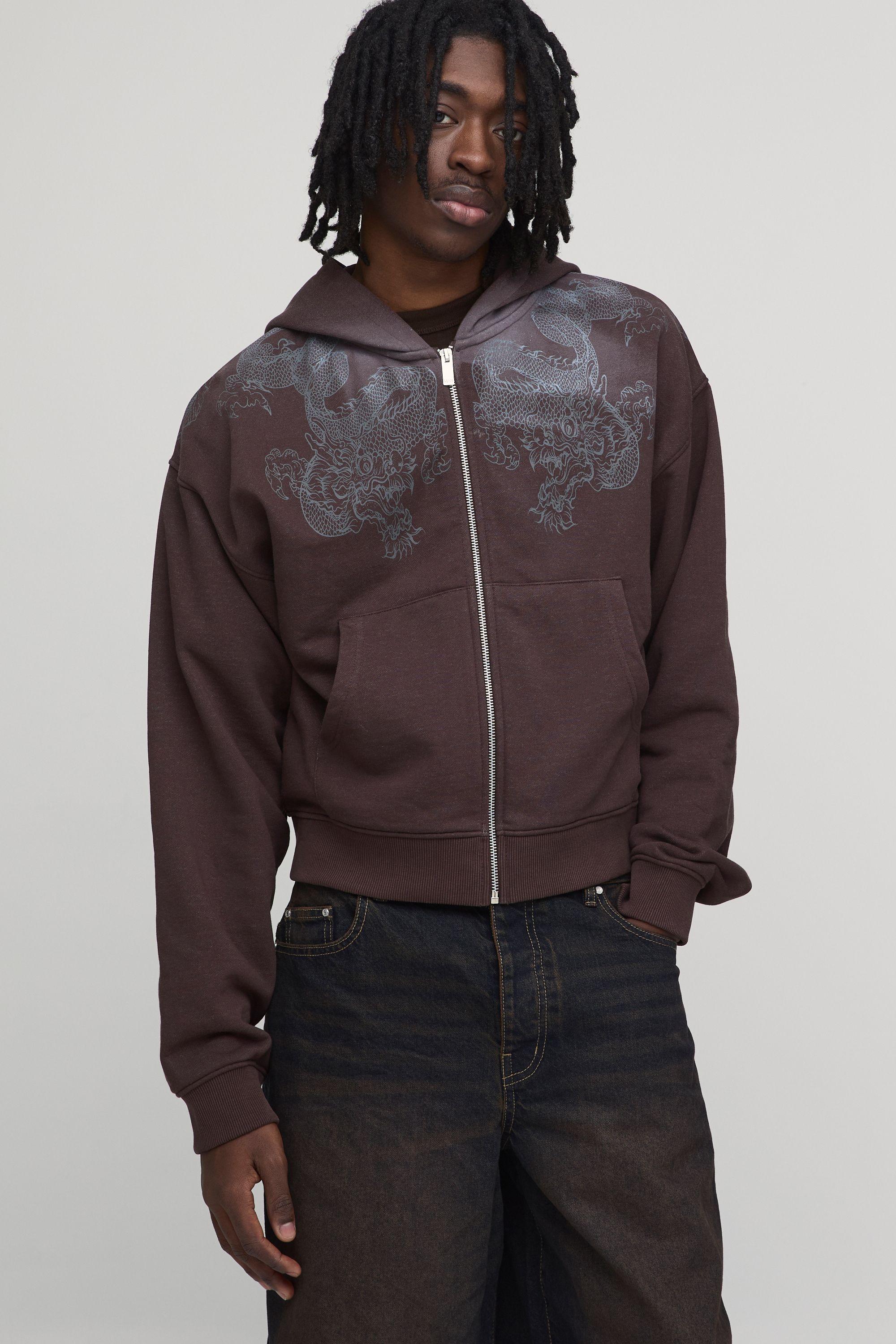 Shrunken Fit Dragon Graphic Washed Zip Through Hoodie by BOOHOOMAN