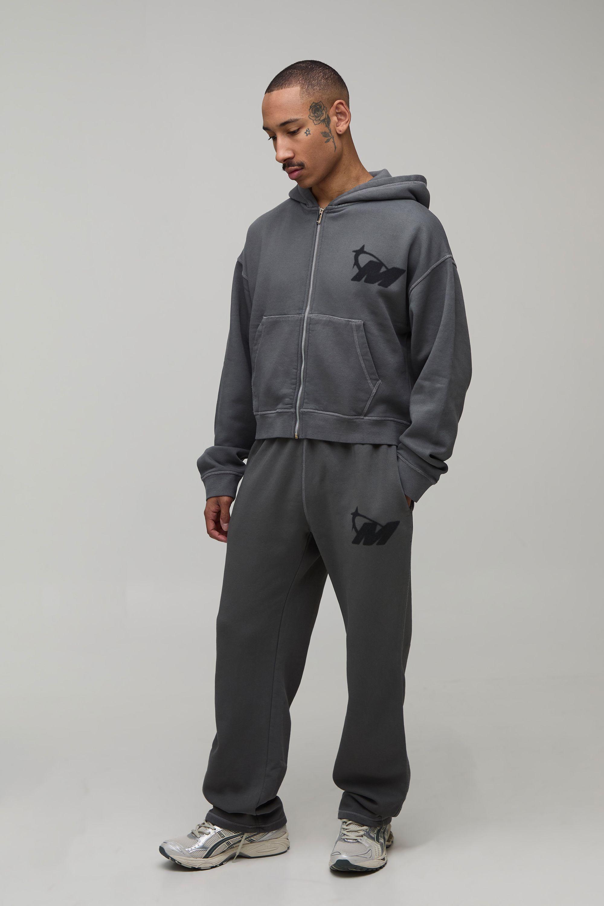Shrunken Fit M Star Zip Through Washed Hooded tracksuit by BOOHOOMAN
