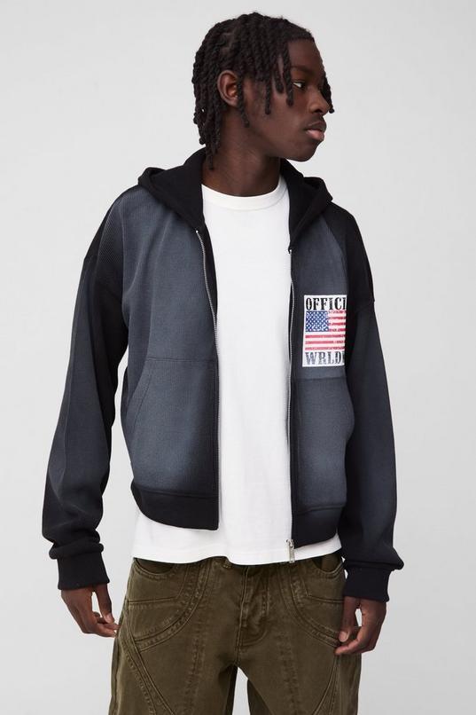 Shrunken Fit Waffle Sun Fade Printed Zip Through Hoodie by BOOHOOMAN