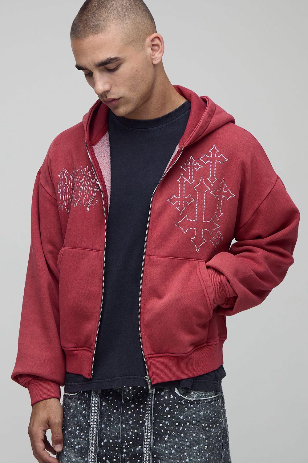Shrunken Fit Washed Cross Diamante Zip Through Hoodie by BOOHOOMAN