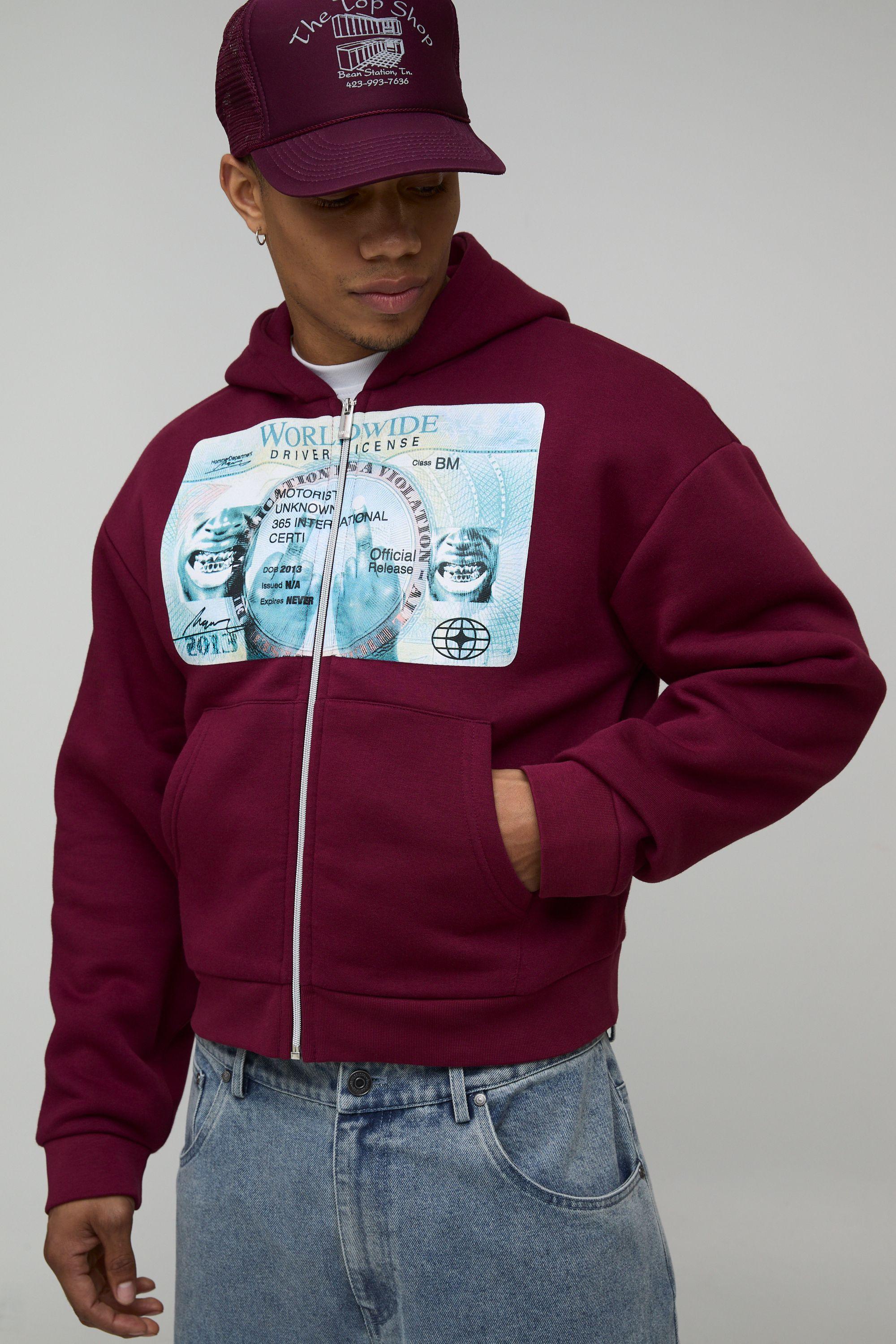 Shrunken Fit Washed Licence Graphic Zip Through Hoodie by BOOHOOMAN