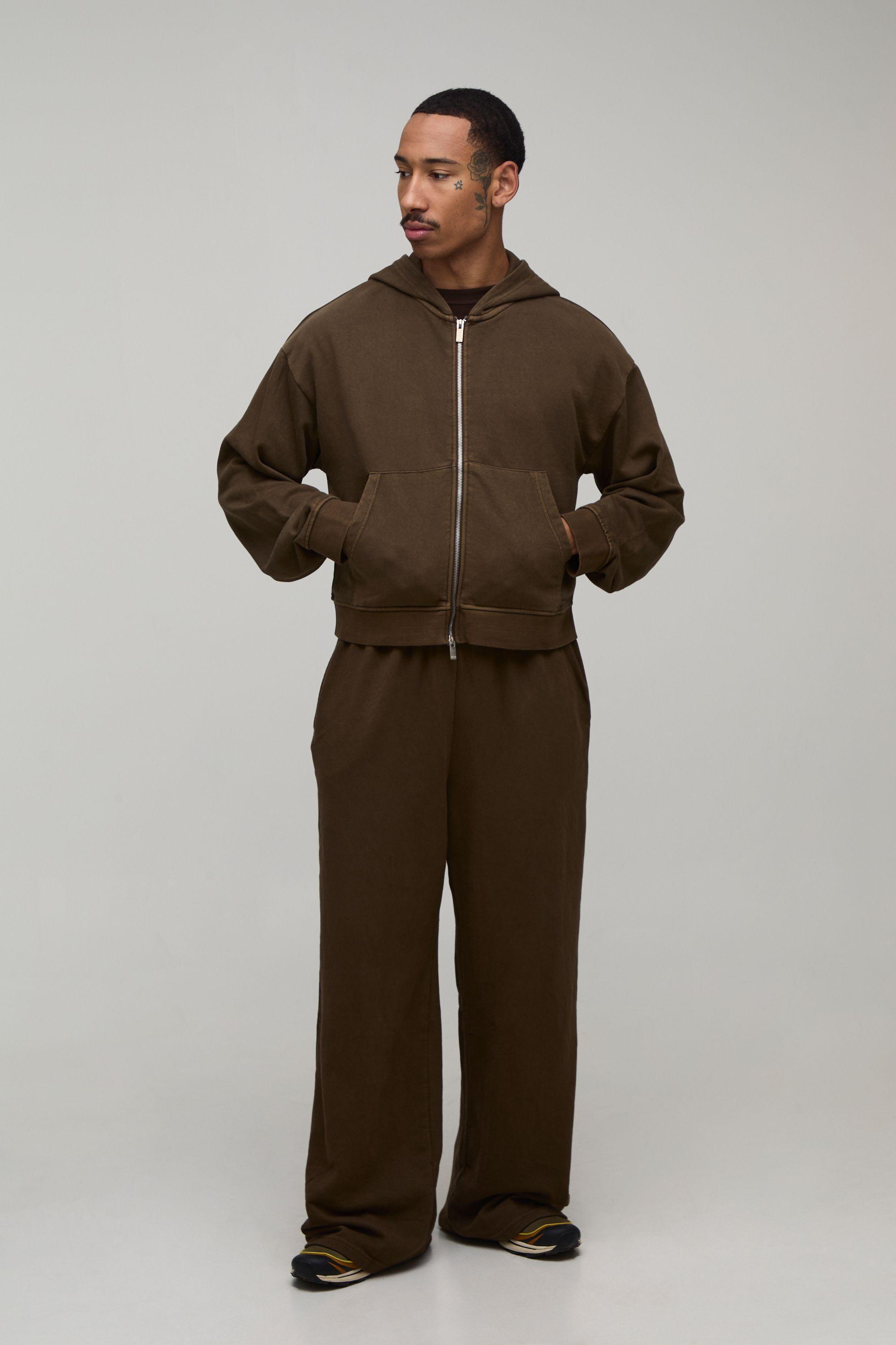 Shrunken Fit Washed Loopback Dual Zip Hooded Tracksuit by BOOHOOMAN