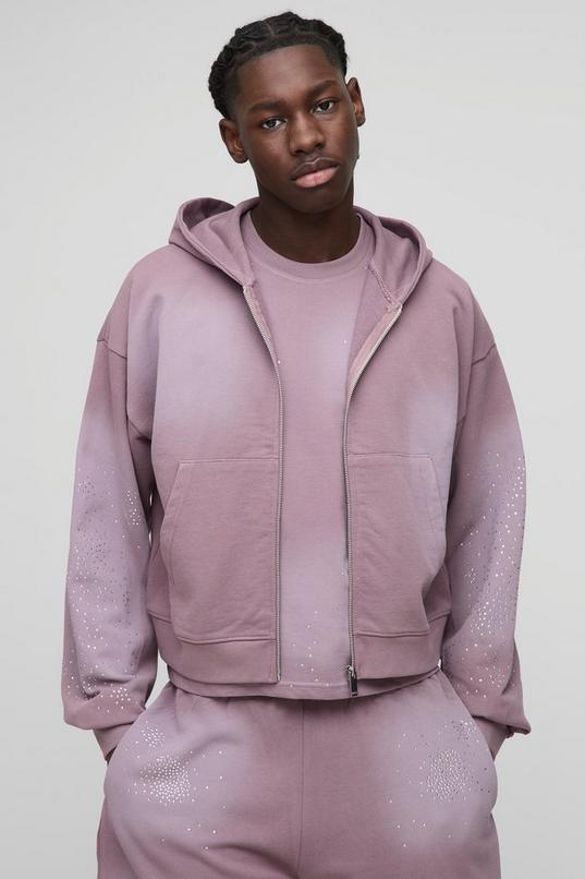 Shrunken Fit Washed Rhinestone Zip Through Hoodie by BOOHOOMAN