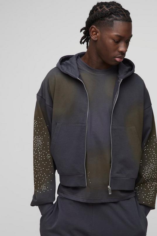 Shrunken Fit Washed Rhinestone Zip Through Hoodie by BOOHOOMAN