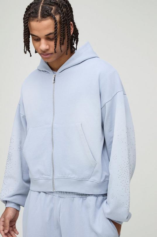 Shrunken Fit Washed Rhinestone Zip Through Hoodie by BOOHOOMAN