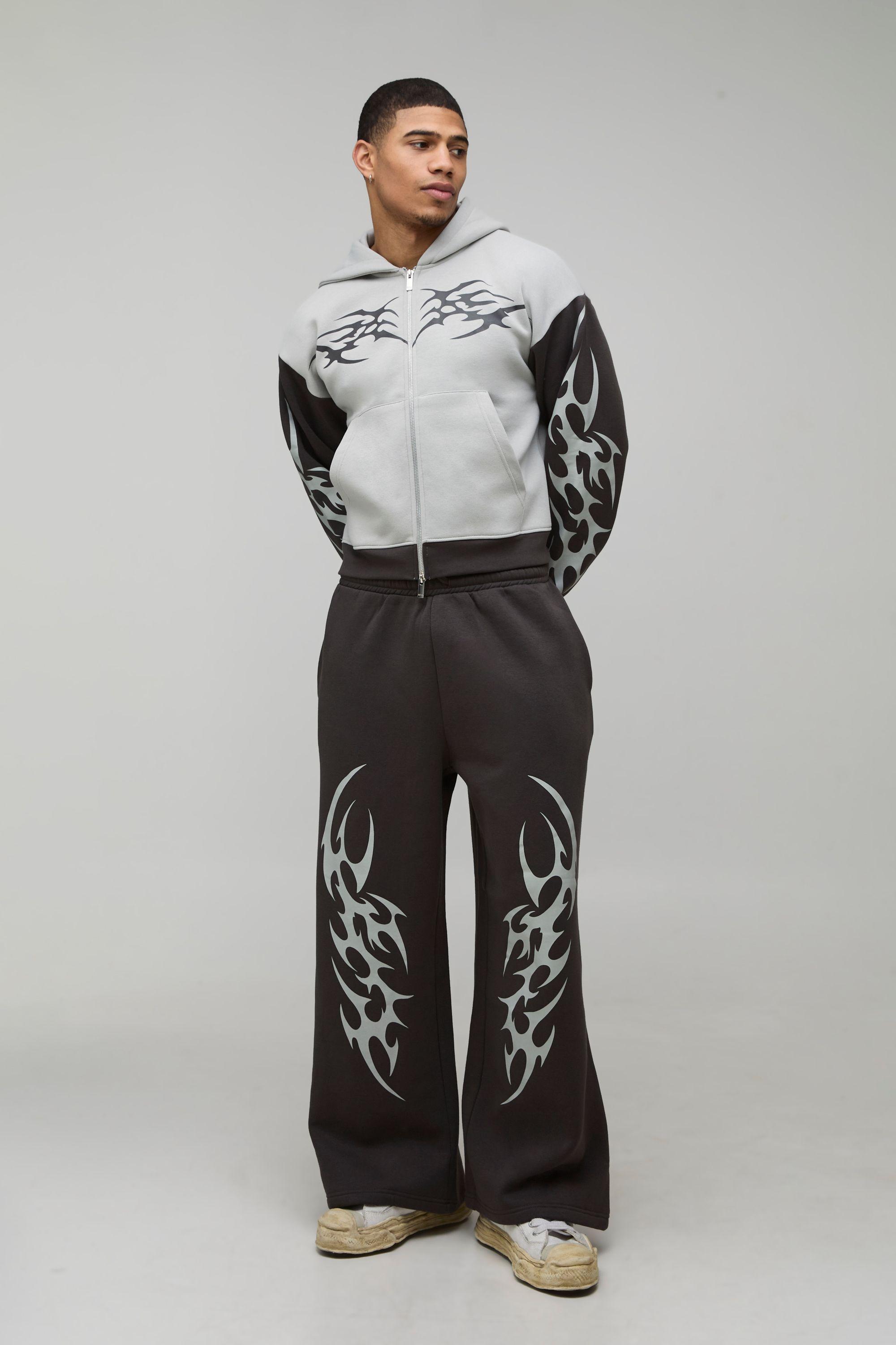 Shrunken Gothic Contrast Zip Through Extreme Wide Leg Tracksuit by BOOHOOMAN