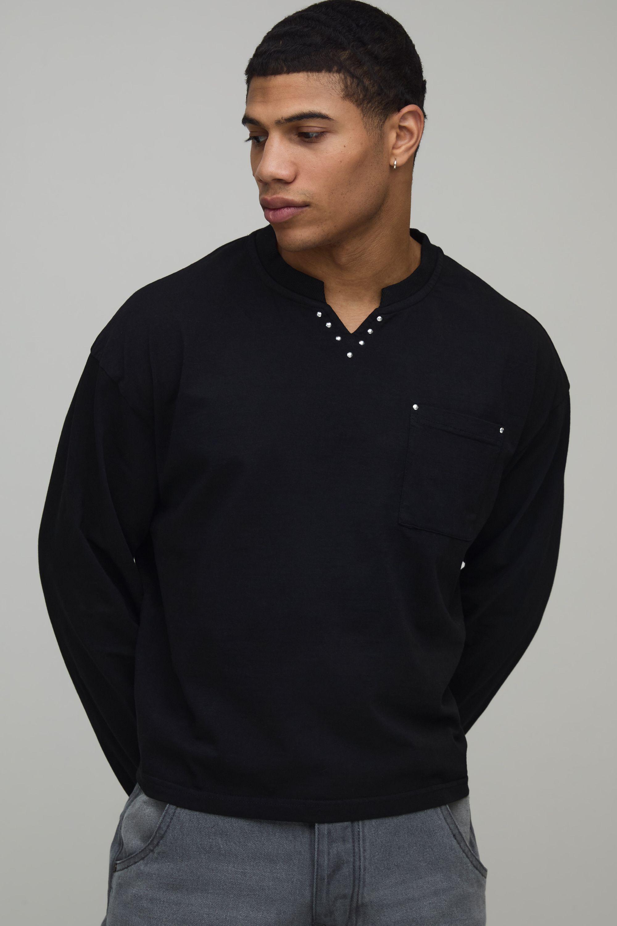 Shrunken Heavyweight Studded Washed V Neck Distressed Long Sleeve T-shirt by BOOHOOMAN