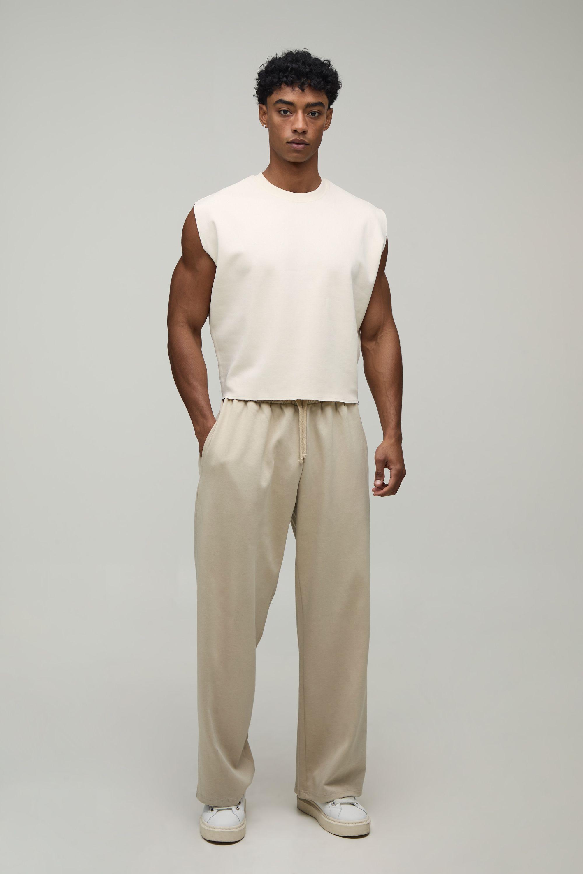 Shrunken Premium Interlock Tank And Wide Leg Jogger Set by BOOHOOMAN