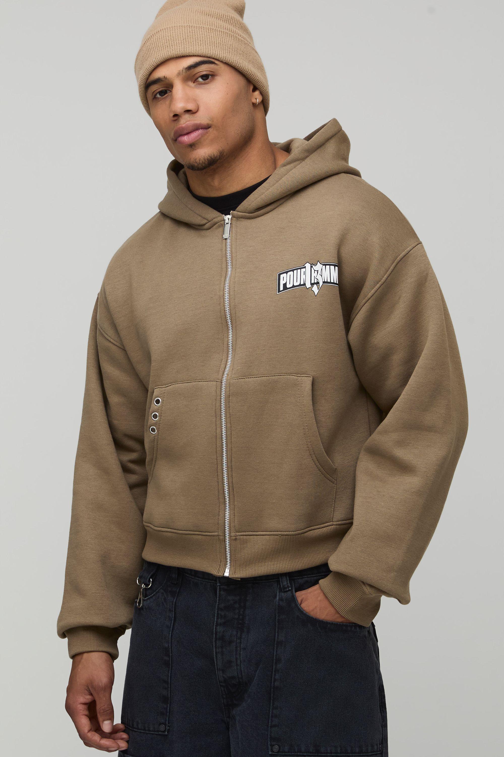 Shrunken Zip Through Embellished 13 Graphic Hoodie by BOOHOOMAN