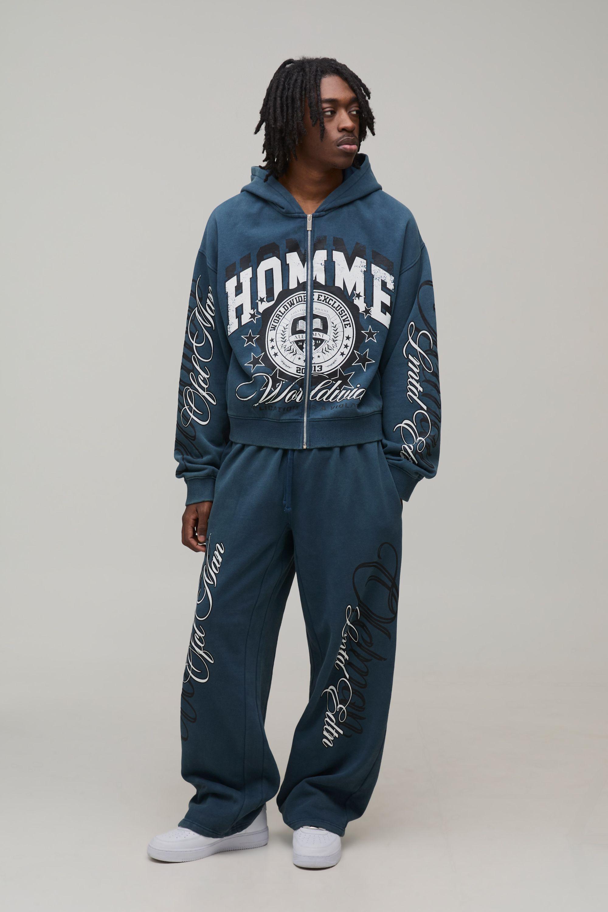 Shrunken Zip Through Varsity Washed Hooded Tracksuit by BOOHOOMAN