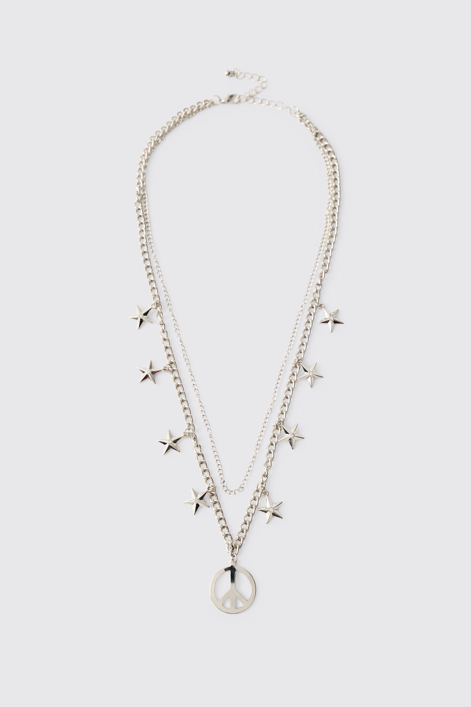 Silver Layered Chain with Star Accents and Peace Pendant by BOOHOOMAN Silver Layered Chain with Star Accents and Peace Pendant by BOOHOOMAN