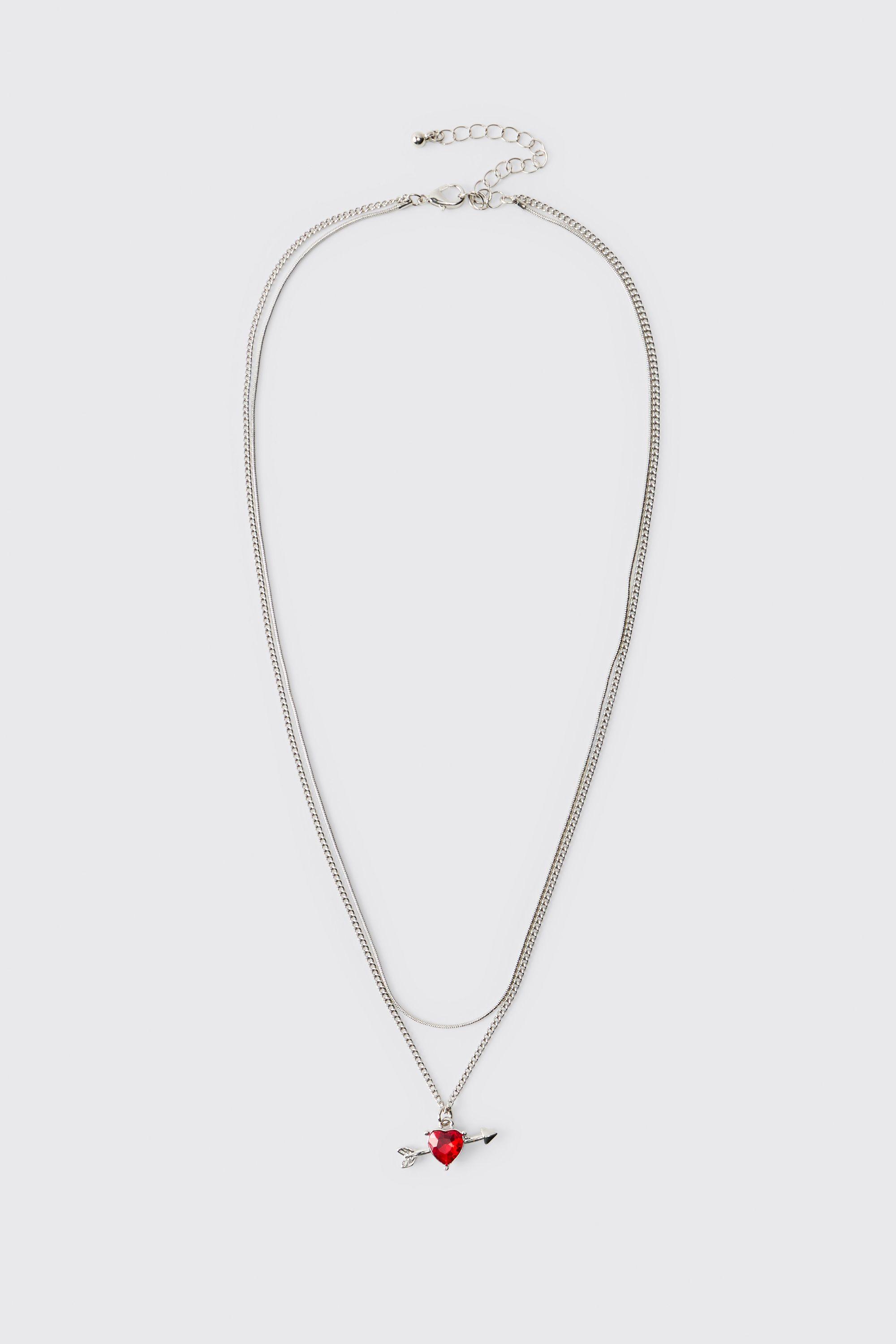 Silver Layered Necklace with Red Heart & Arrow Pendant by BOOHOOMAN