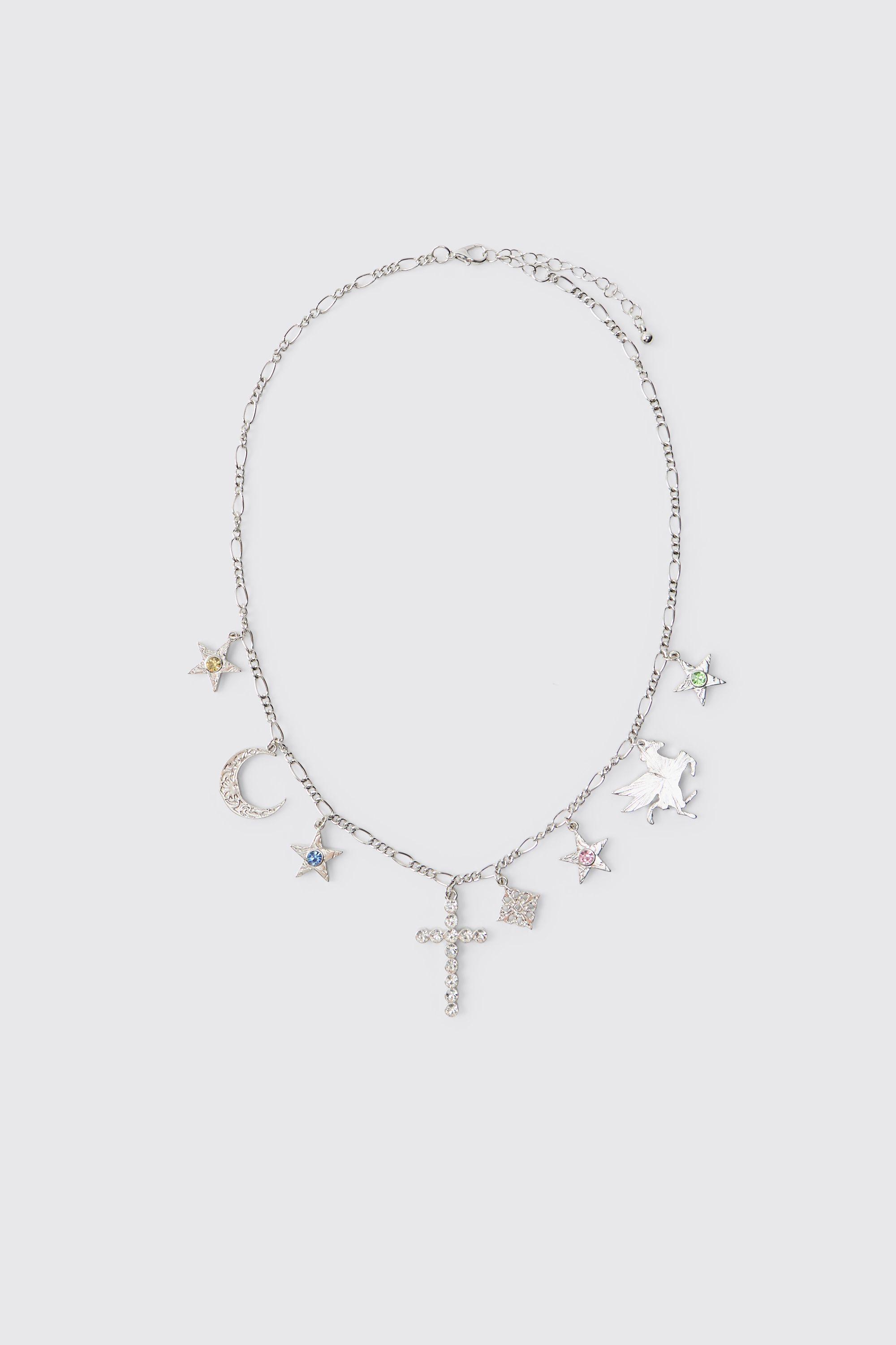 Silver Layered Necklace with Star and Key Charms by BOOHOOMAN