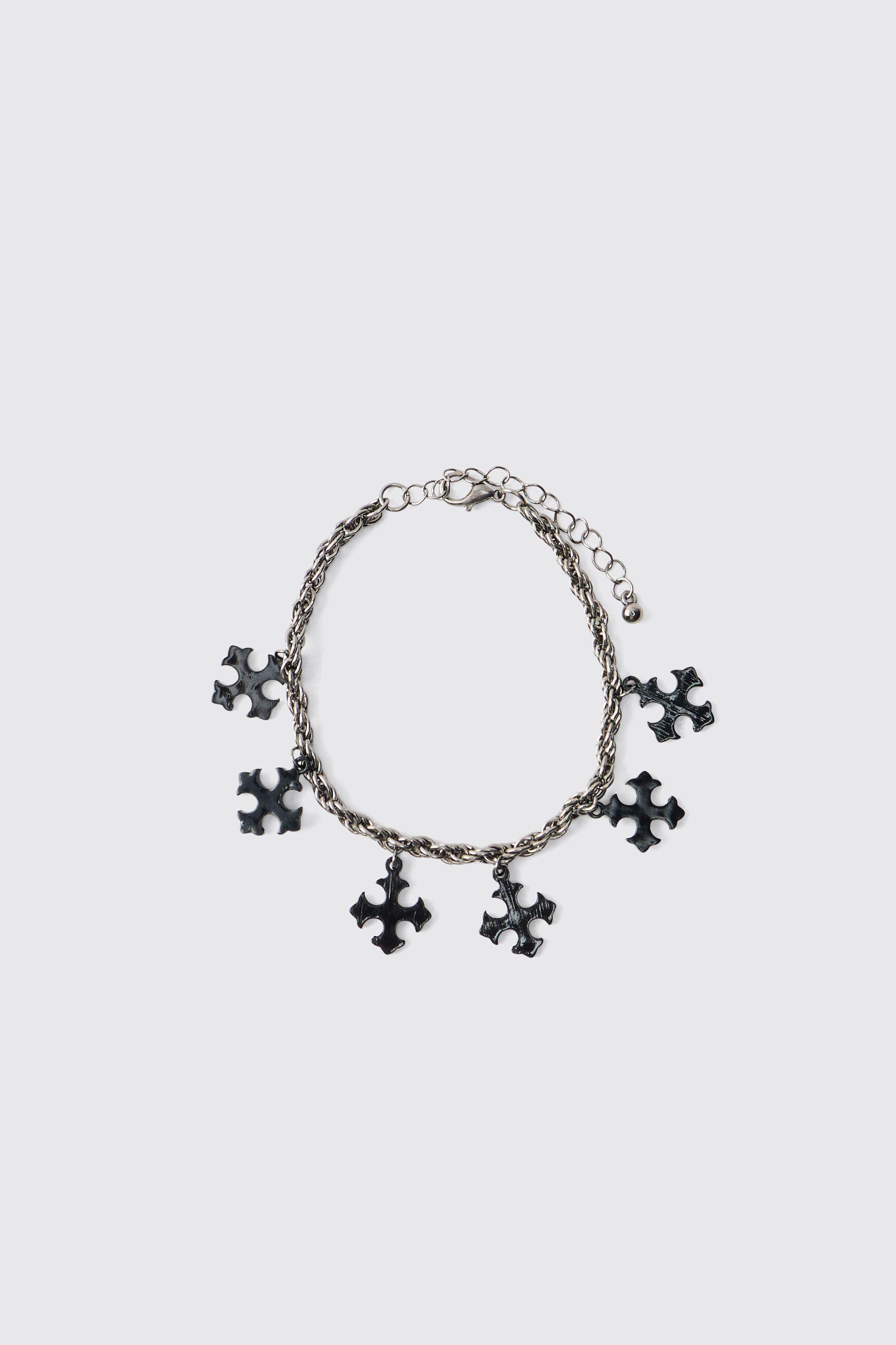 Silver-Tone Rope Chain Bracelet with Black Cross Charms by BOOHOOMAN
