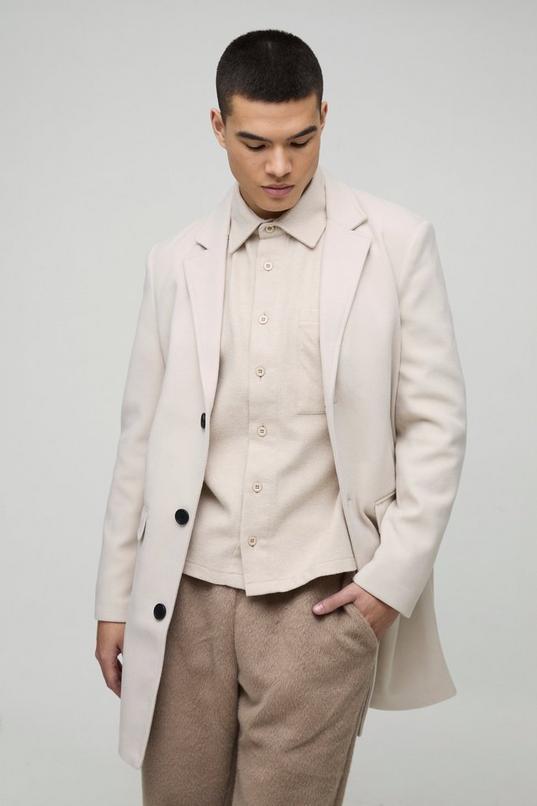 Single Breasted Wool Look Overcoat in Beige by BOOHOOMAN