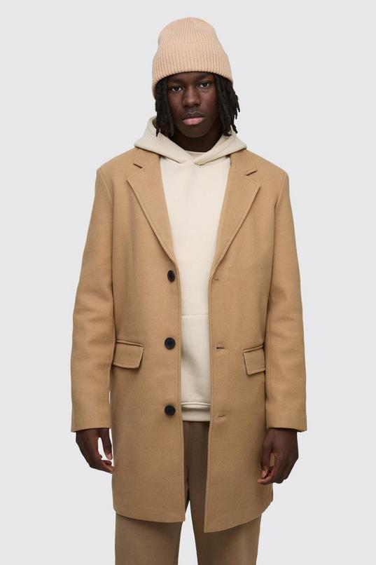 Single Breasted Wool Look Overcoat in Camel by BOOHOOMAN
