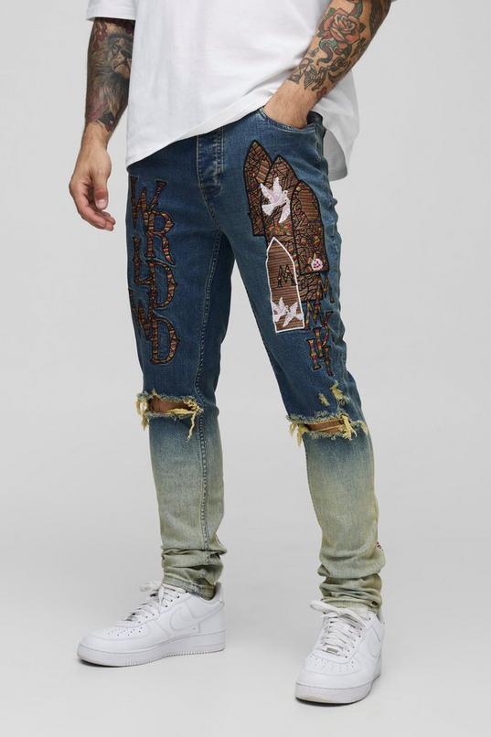 Skinny Applique Ripped Jeans by BOOHOOMAN