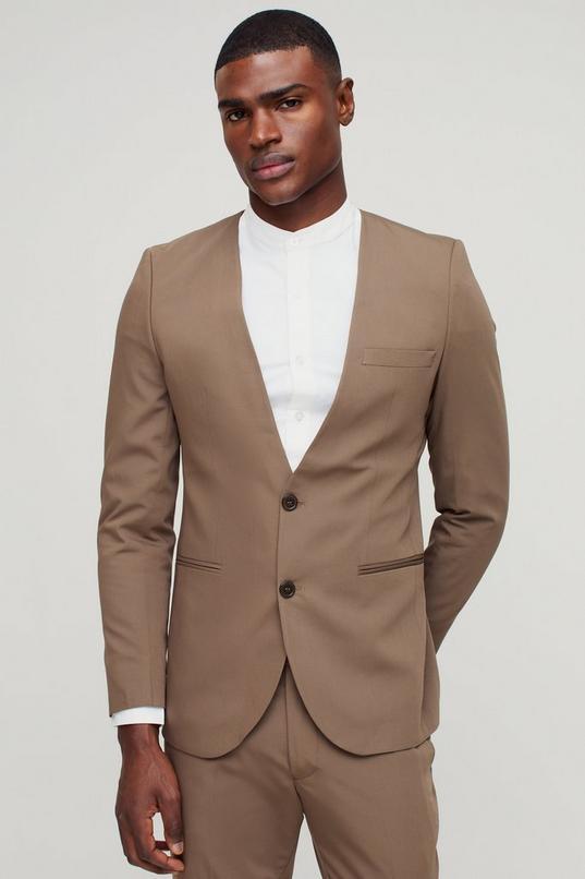 Skinny Fit Collarless Single Breasted Blazer by BOOHOOMAN