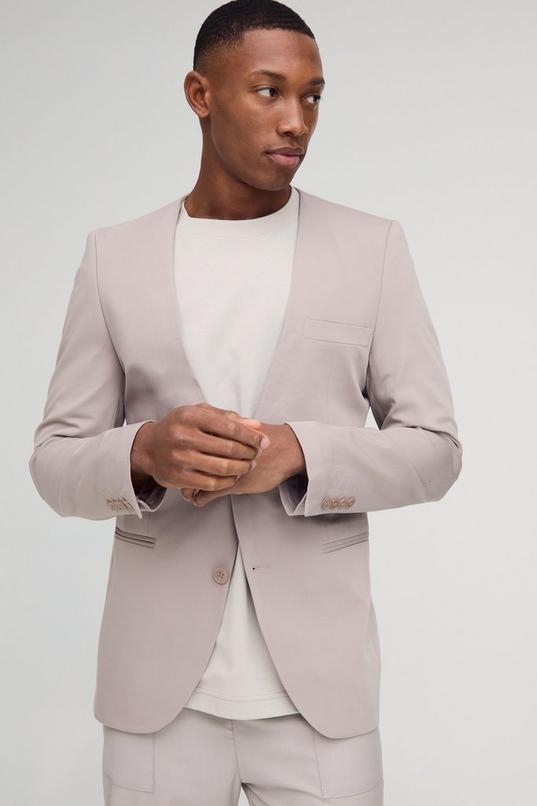 Skinny Fit Collarless Single Breasted Blazer by BOOHOOMAN