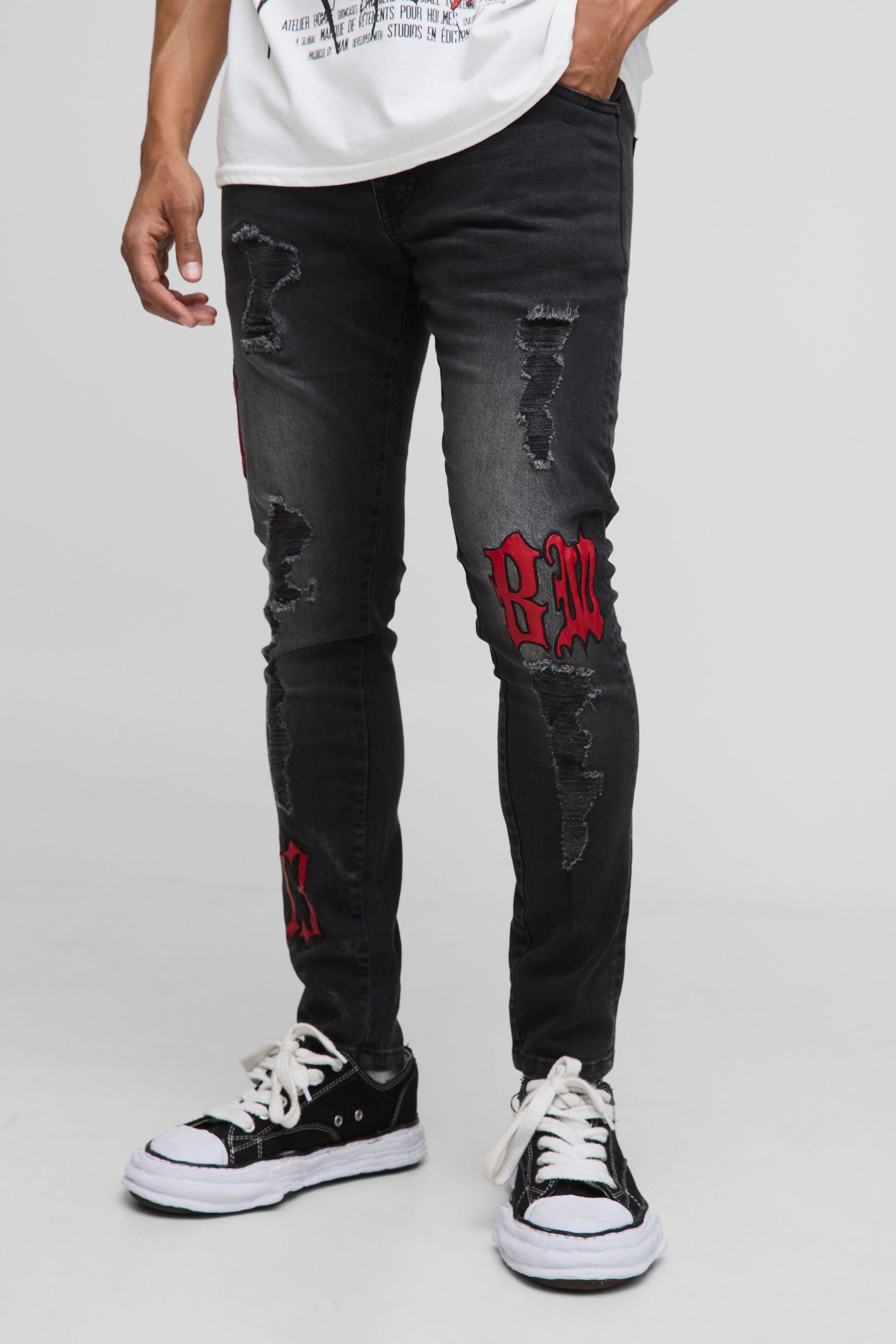Skinny Fit PU Applique Washed Ripped Jeans by BOOHOOMAN