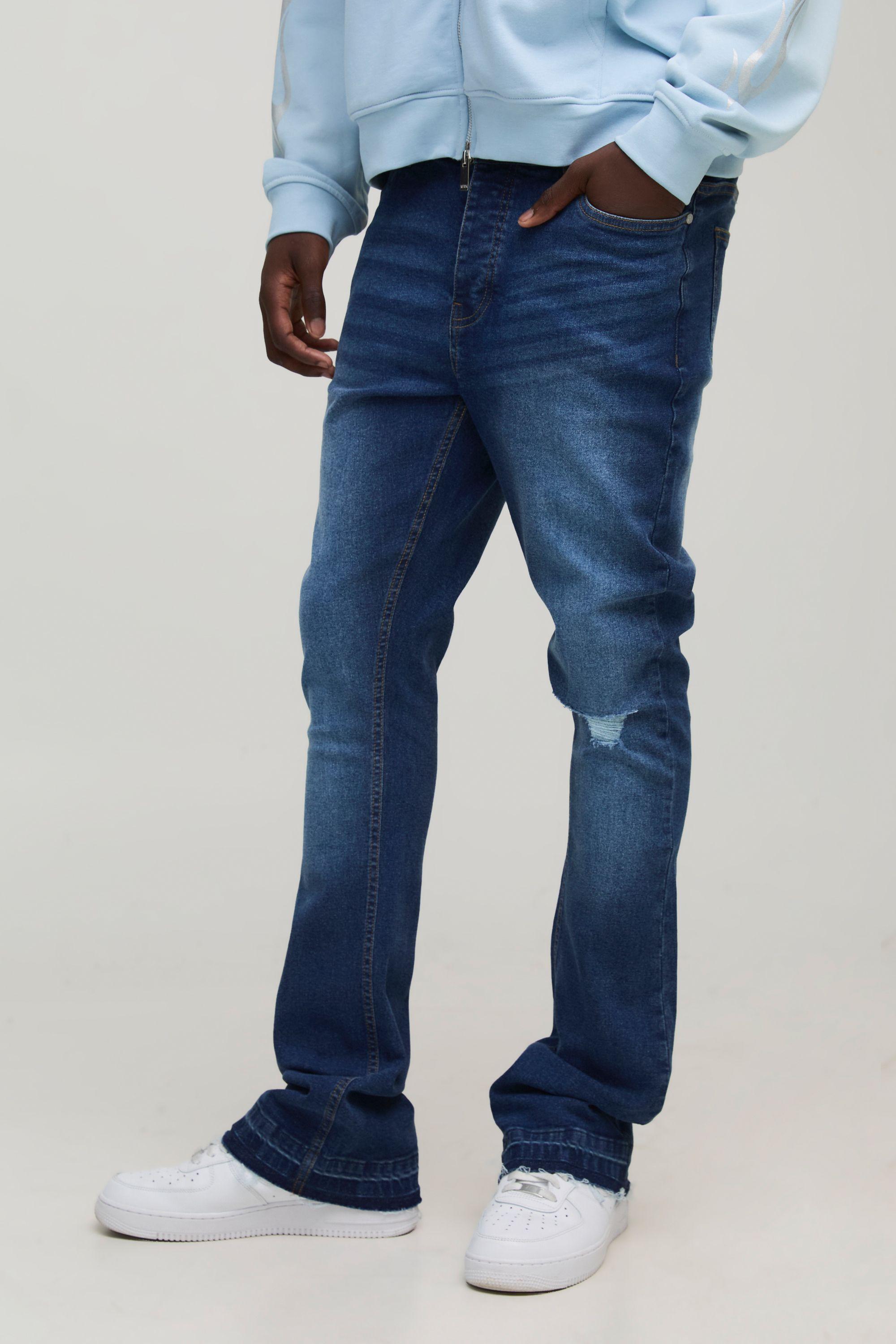 Skinny Flared Stacked Jeans With Knee Rip by BOOHOOMAN