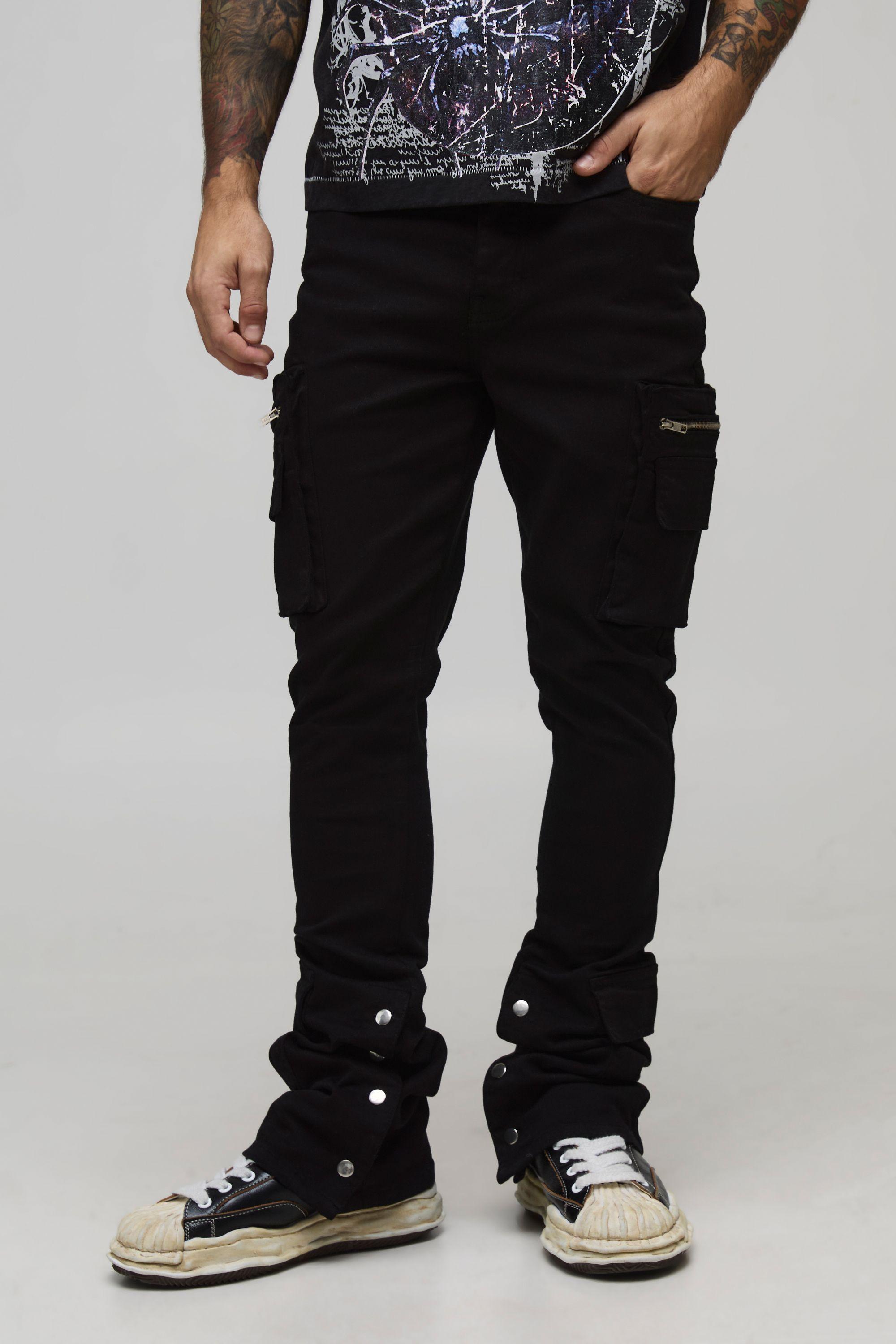 Skinny Stacked Flare Cargo Zip Popper Hem Trouser by BOOHOOMAN