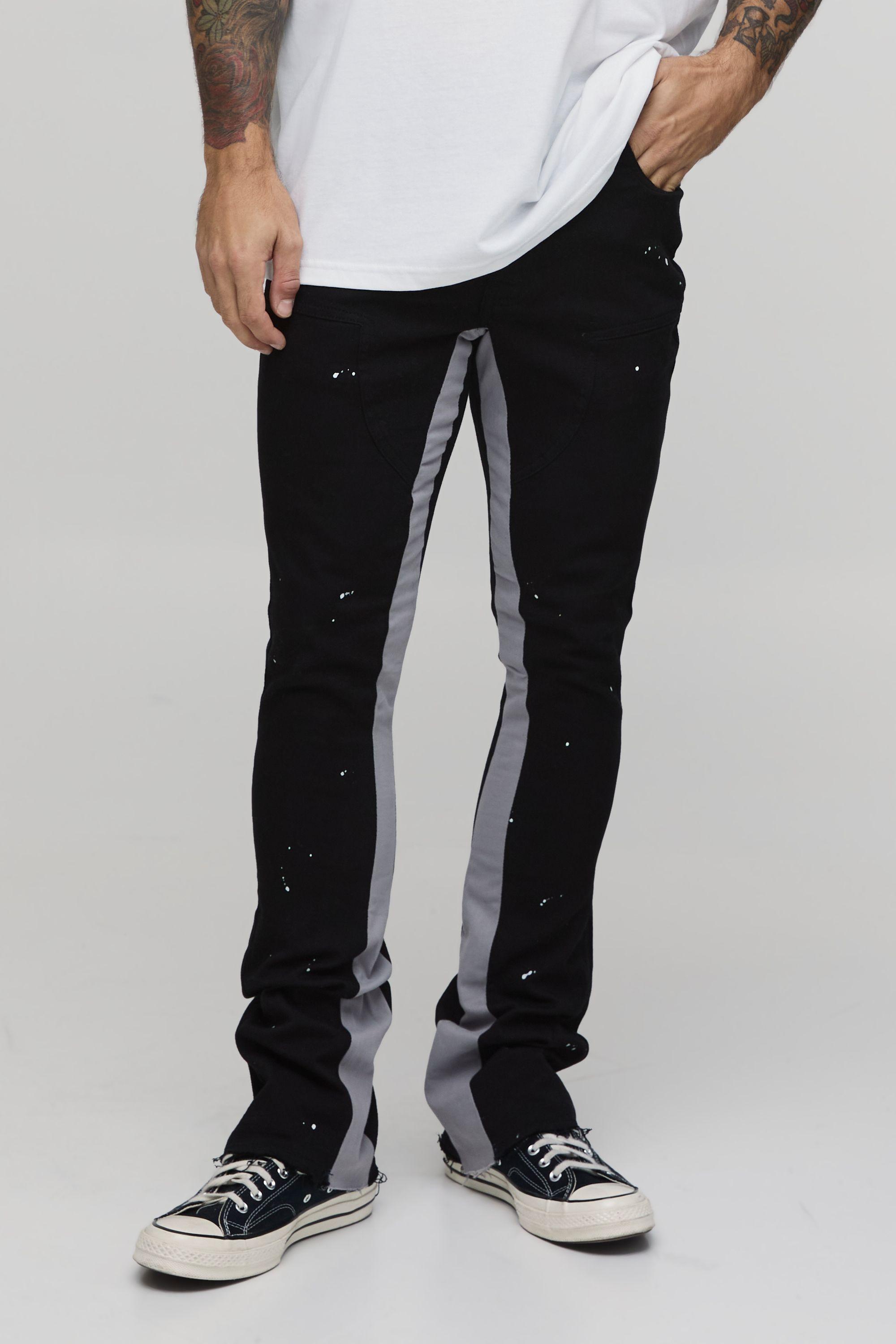 Skinny Stacked Flare Paint Splatter Gusset Trouser by BOOHOOMAN