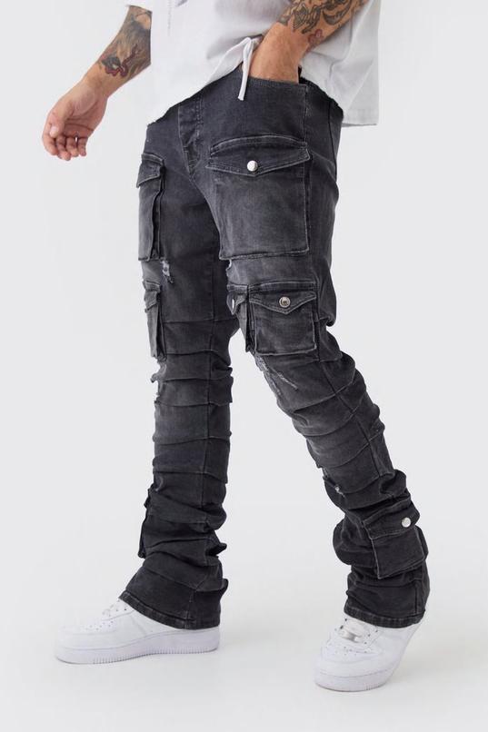 Skinny Stacked Multi Cargo Pocket Flared Jeans by BOOHOOMAN