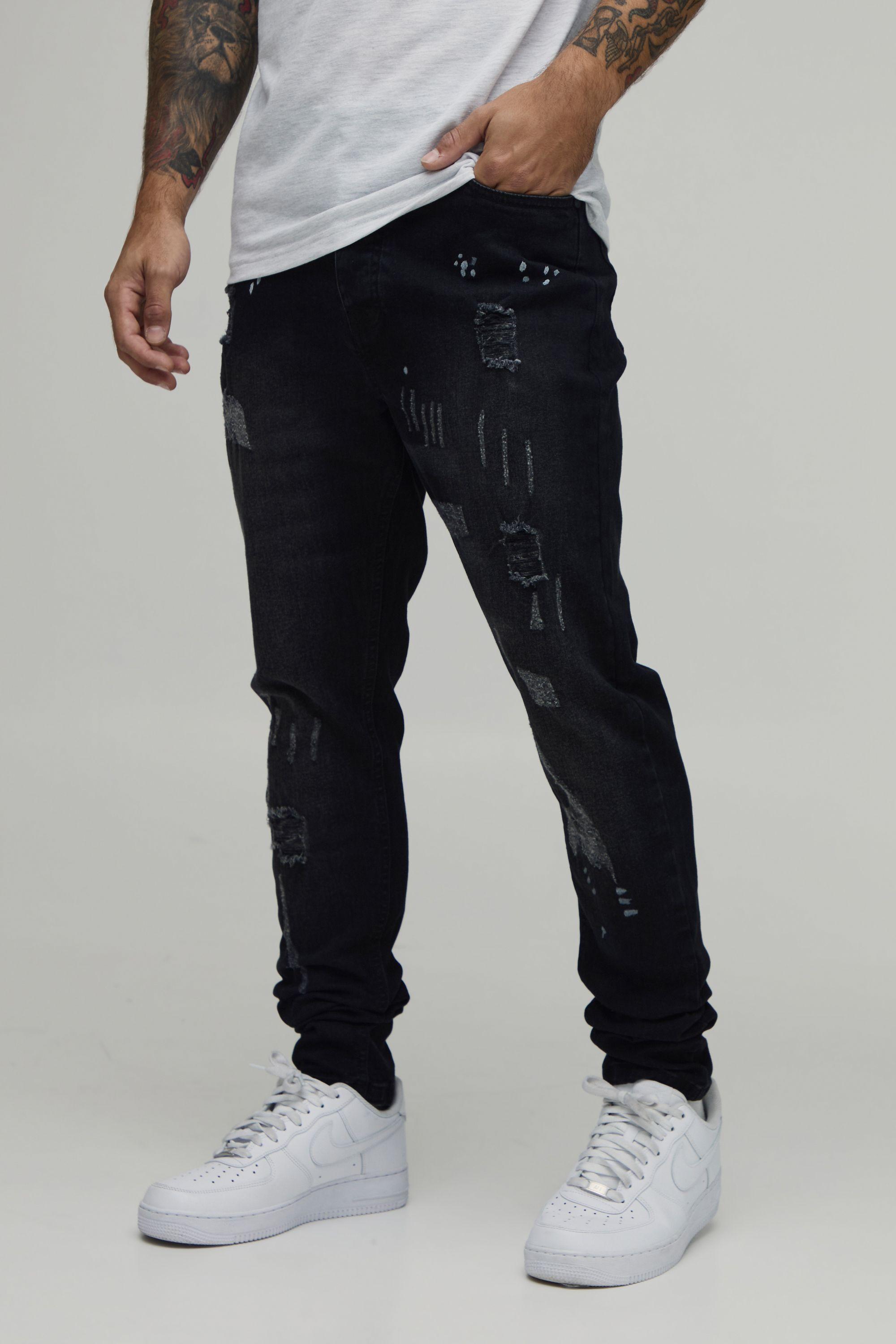 Skinny Stretch All Over Rip & Repair Paint Splatter Jeans by BOOHOOMAN