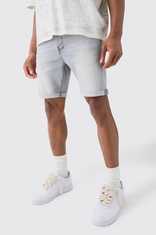 Skinny Stretch Denim Shorts In Light Grey by BOOHOOMAN