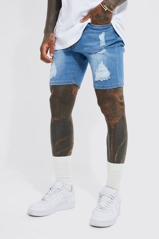 Skinny Stretch Distressed Denim Shorts by BOOHOOMAN