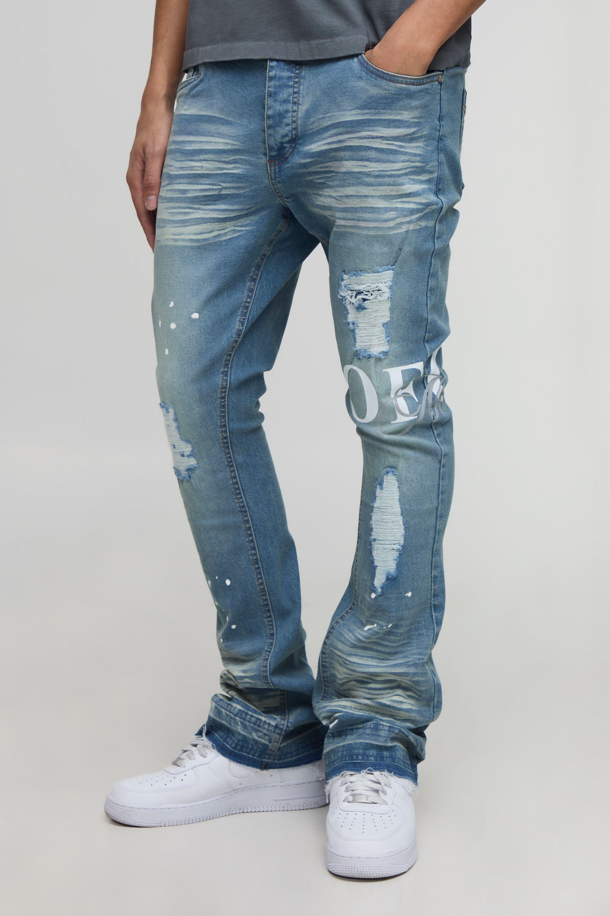 Skinny Stretch Flared Stacked Printed Rip & Repair Denim Jeans by BOOHOOMAN