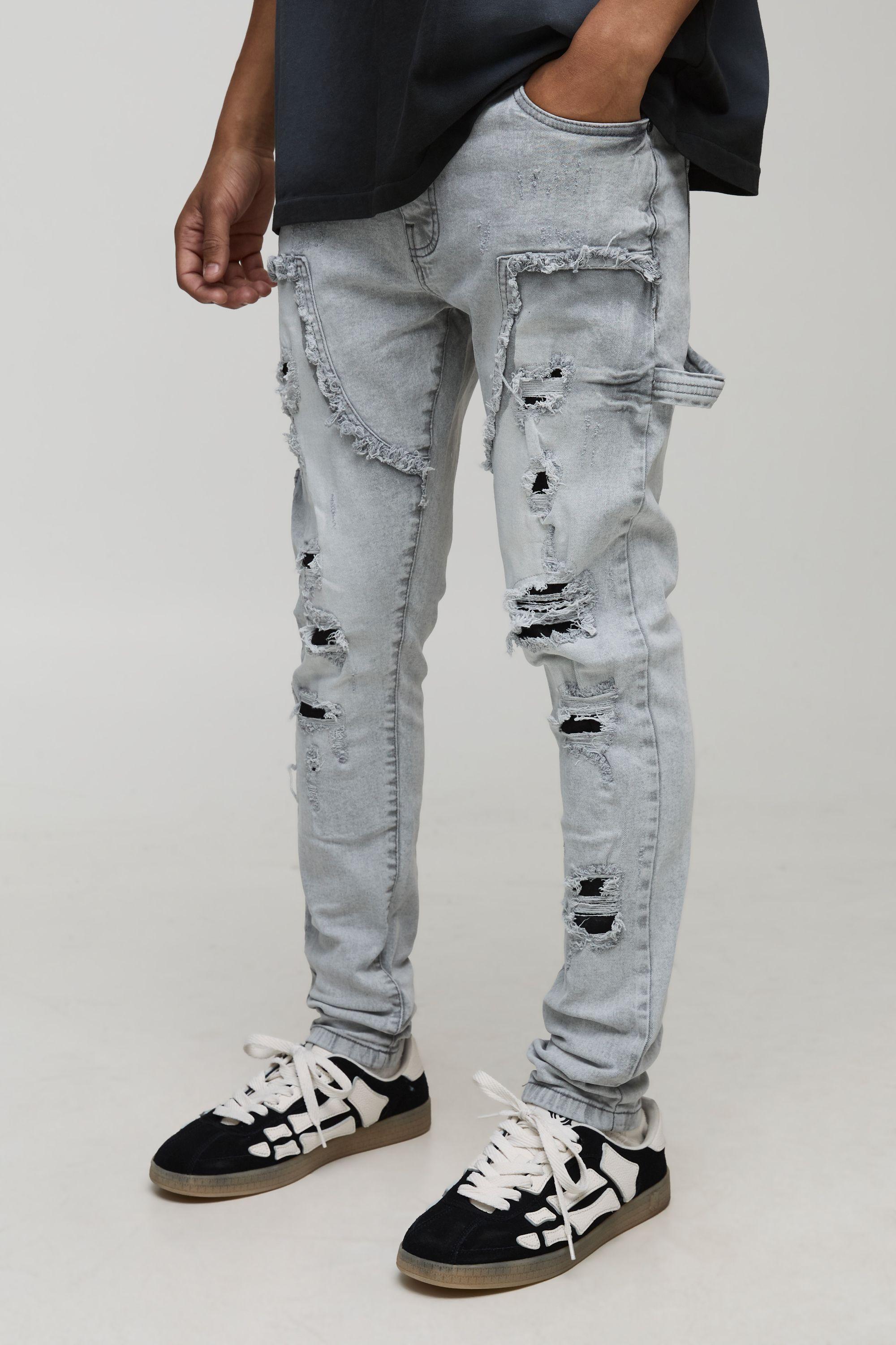 Skinny Stretch Multi Rip Carpenter Washed Jeans by BOOHOOMAN
